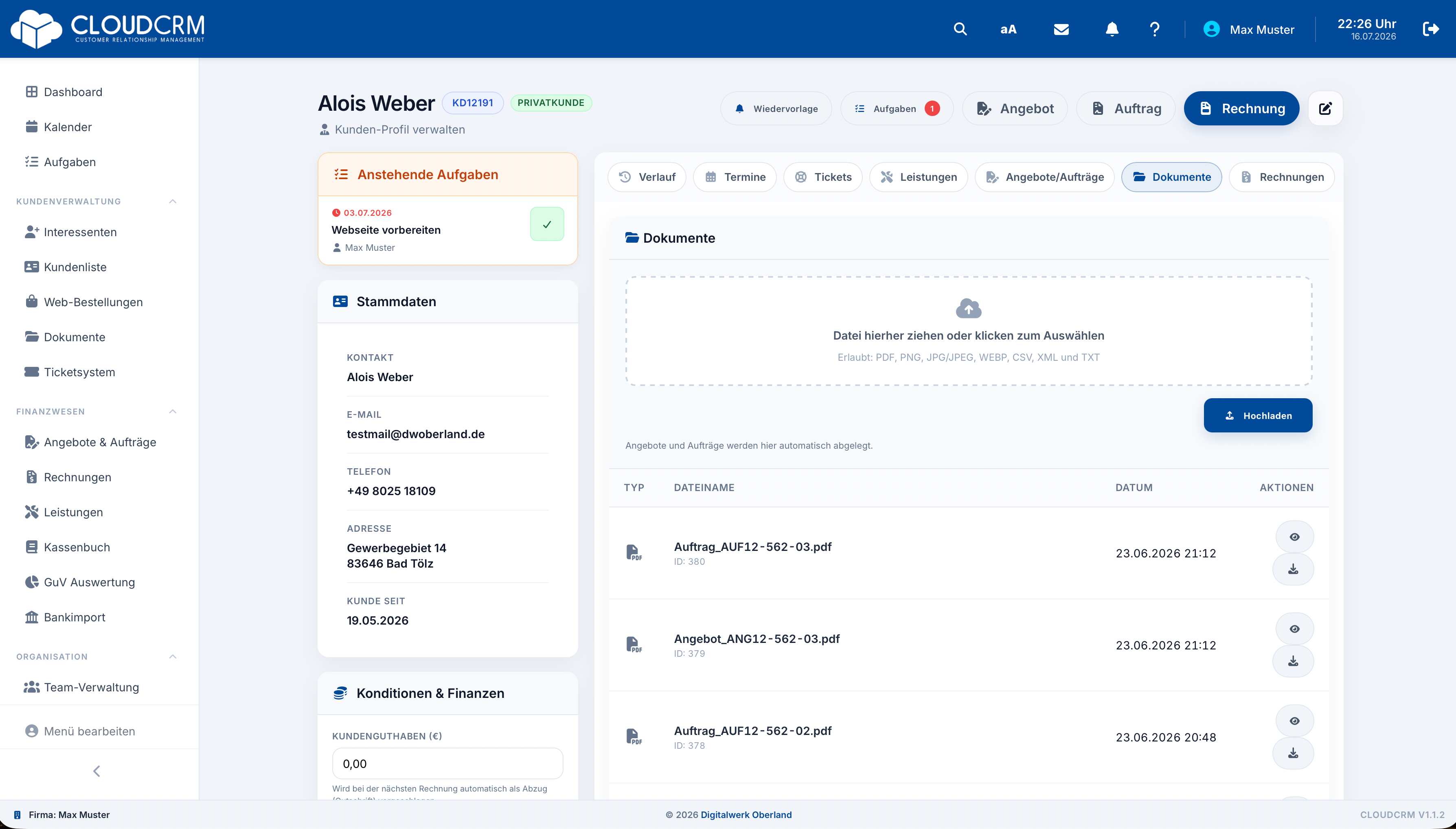 CloudCRM – Dokumente im Tab der Kundenakte