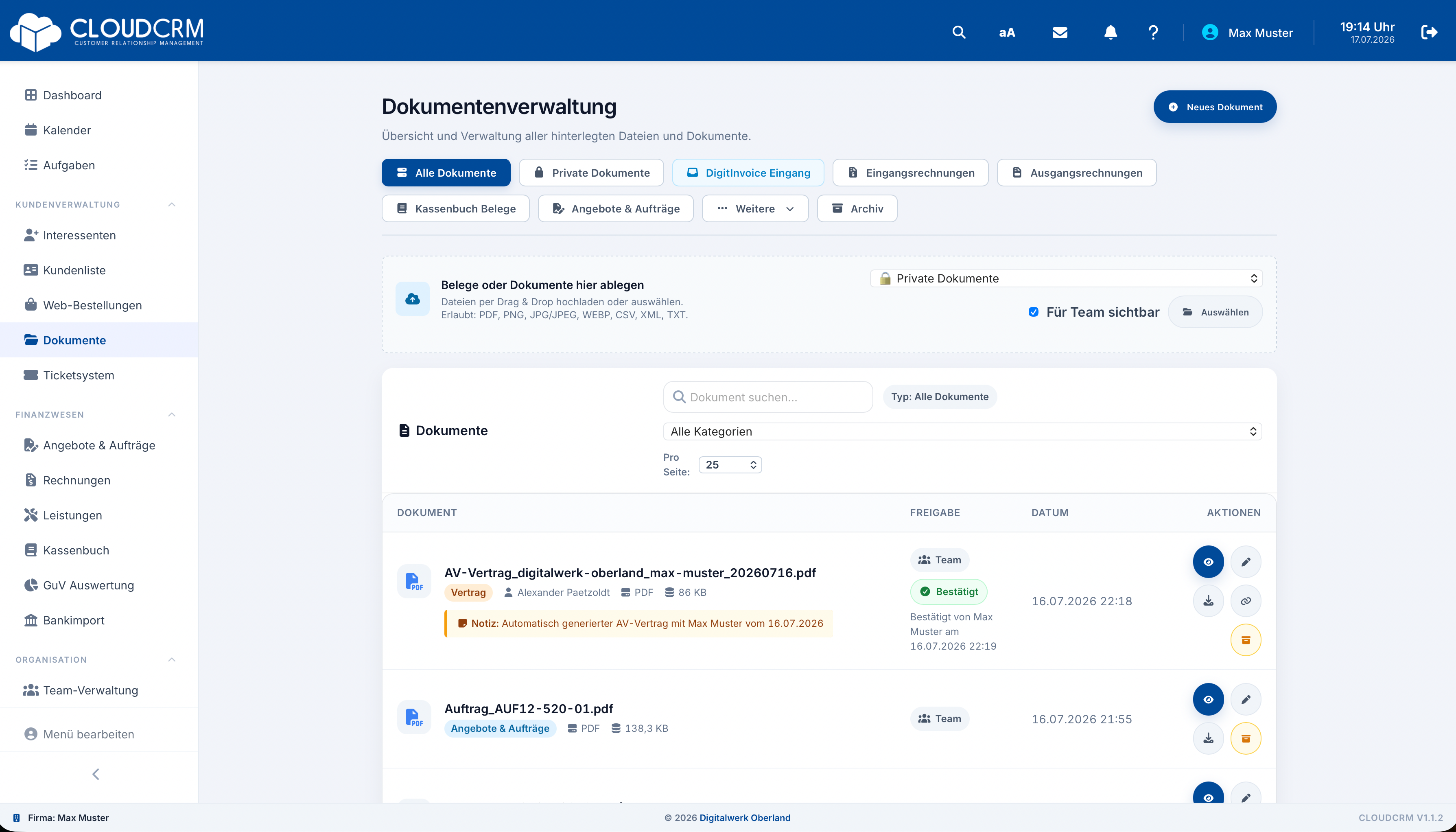CloudCRM – Dokumentenübersicht mit Kategorien