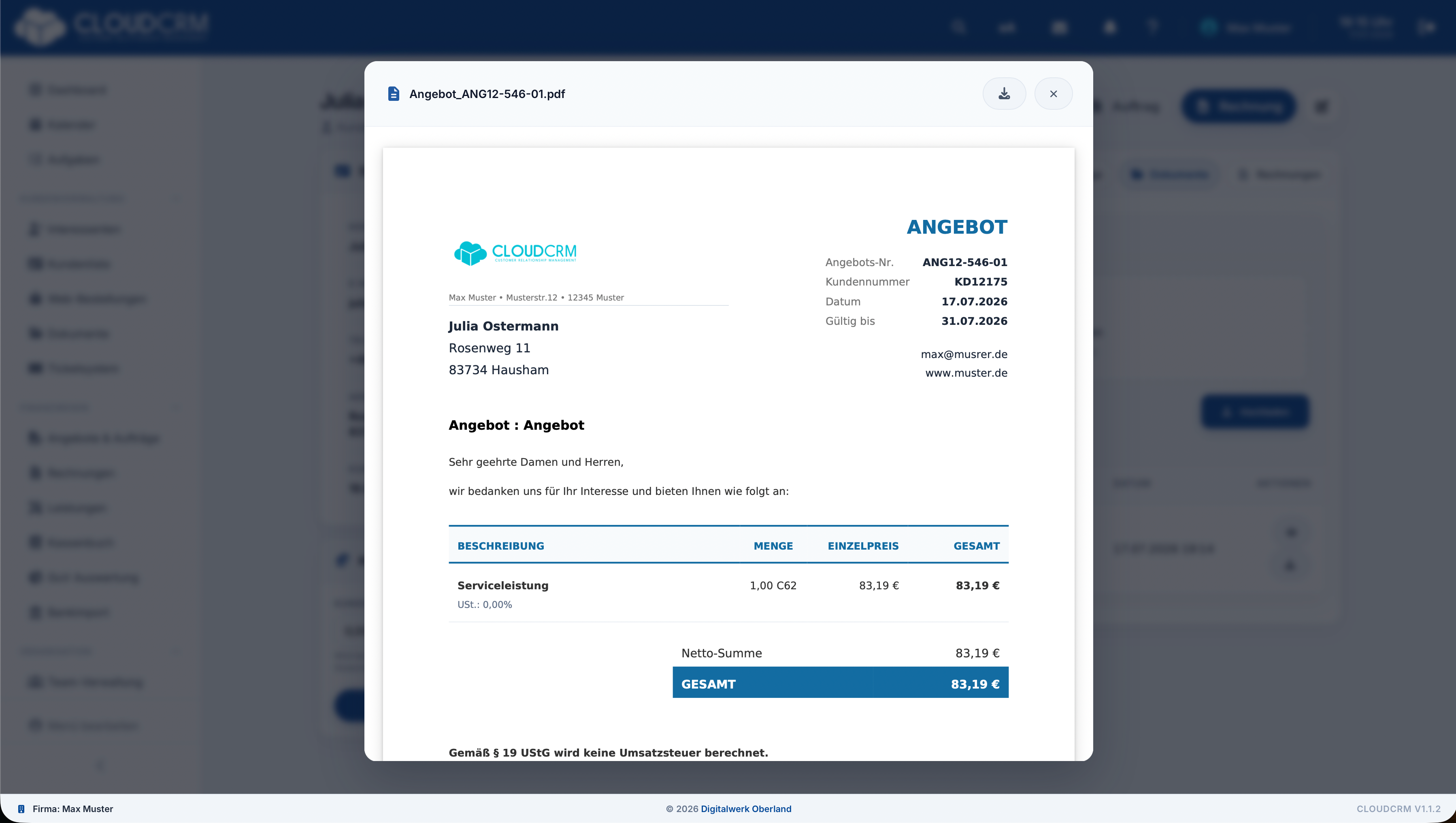 CloudCRM – PDF-Dokument in der Vorschau