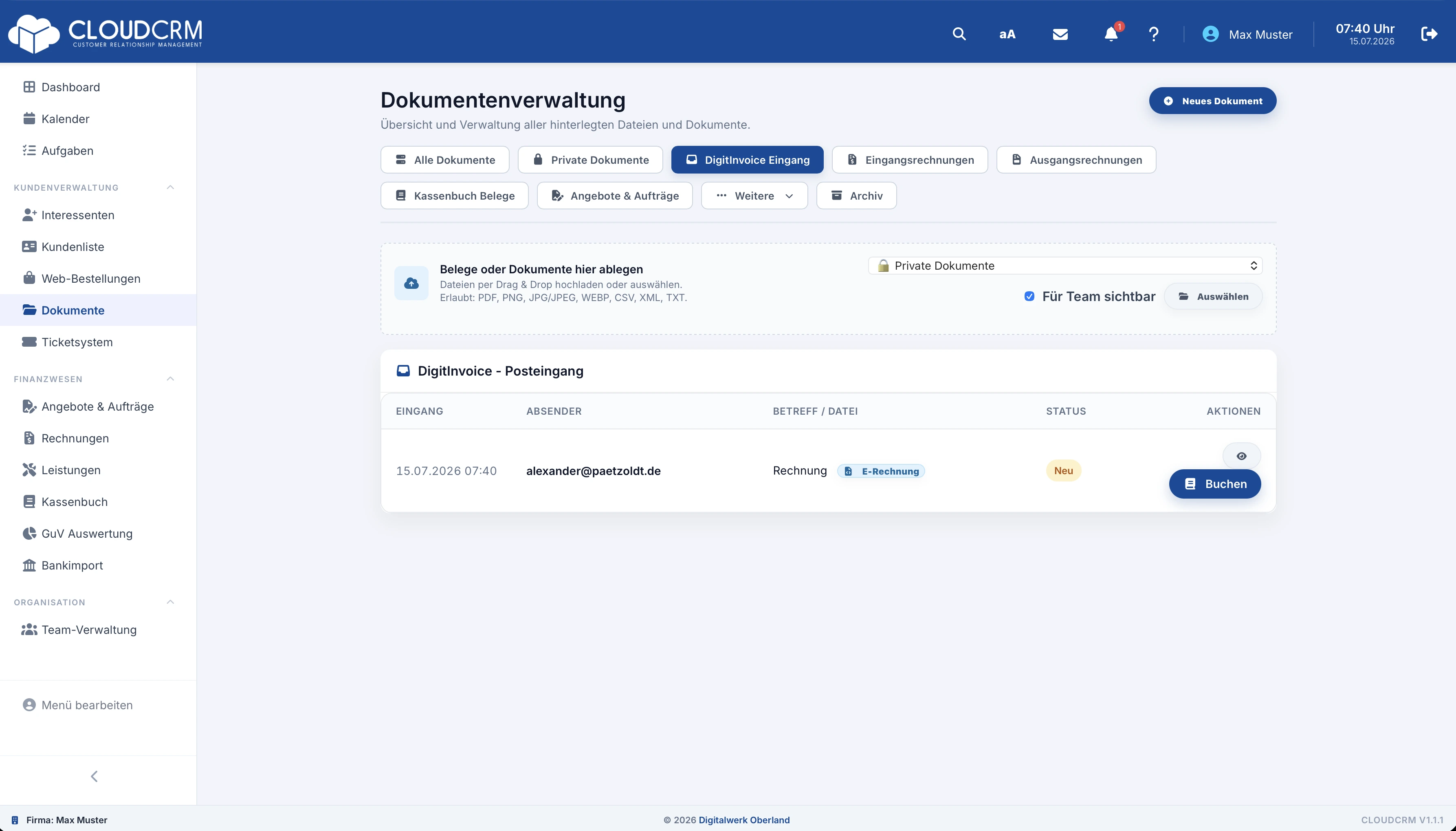 CloudCRM – Upload einer eingehenden Rechnungsdatei