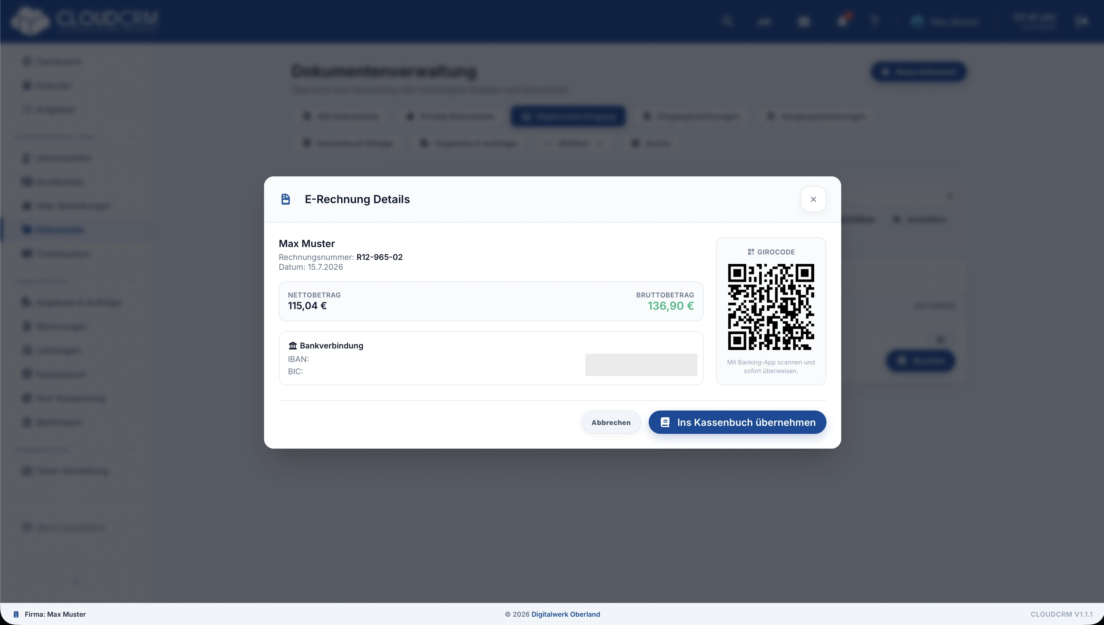 CloudCRM – Ausgelesene strukturierte Rechnungsdaten