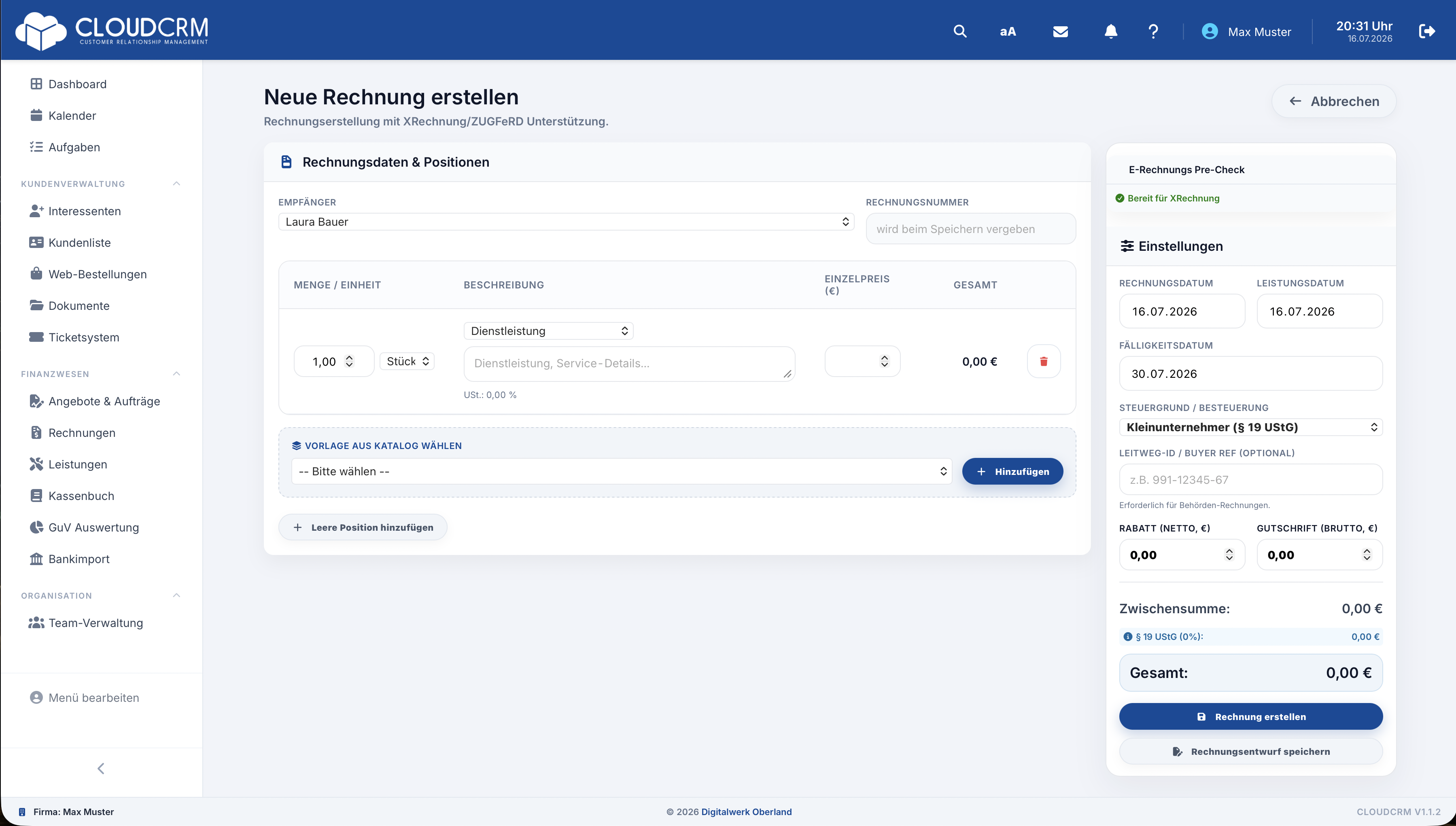 CloudCRM – Neue Rechnung mit ausgewähltem Empfänger