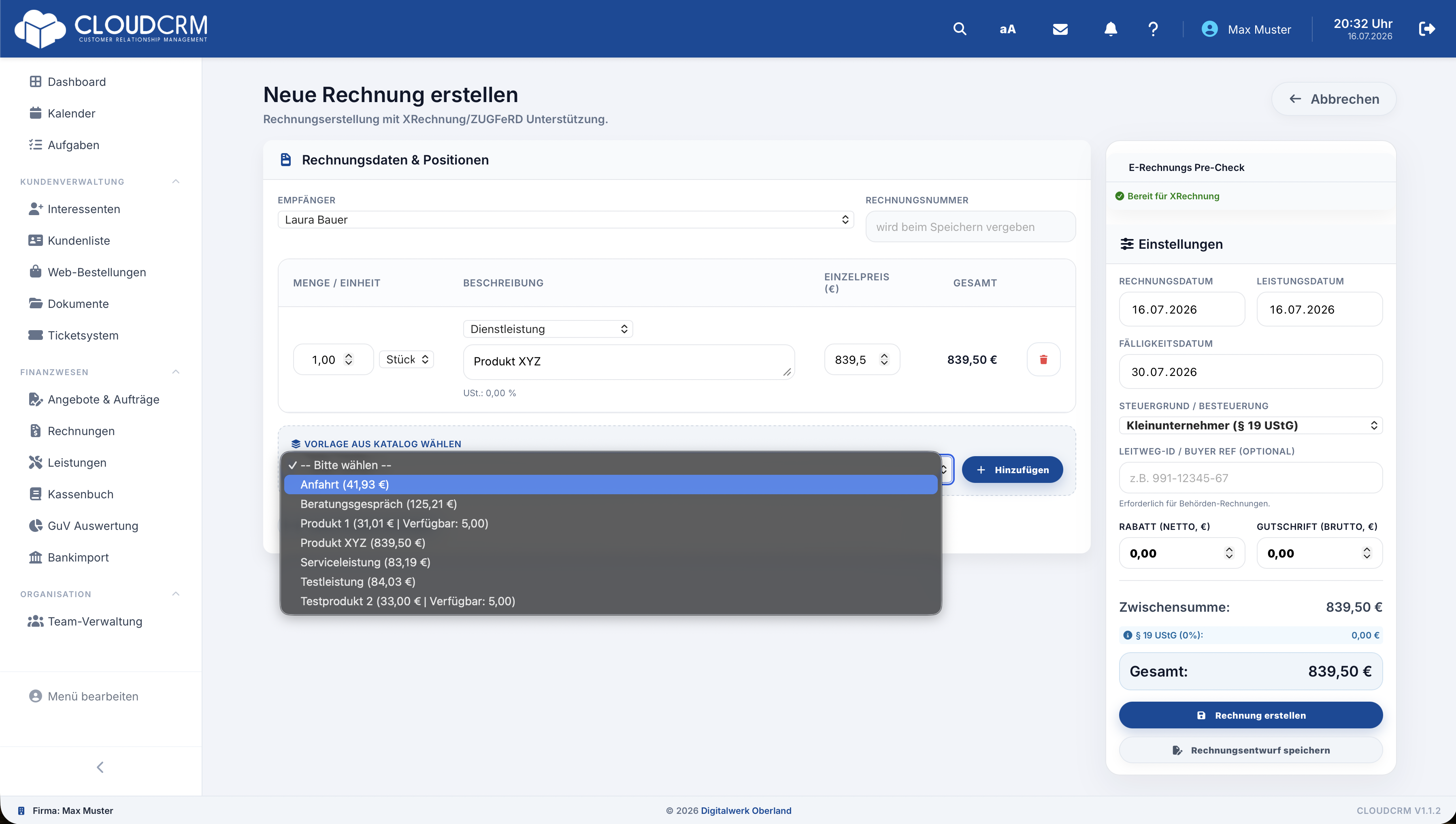 CloudCRM – Rechnungspositionen mit Menge, Einheit und Preis