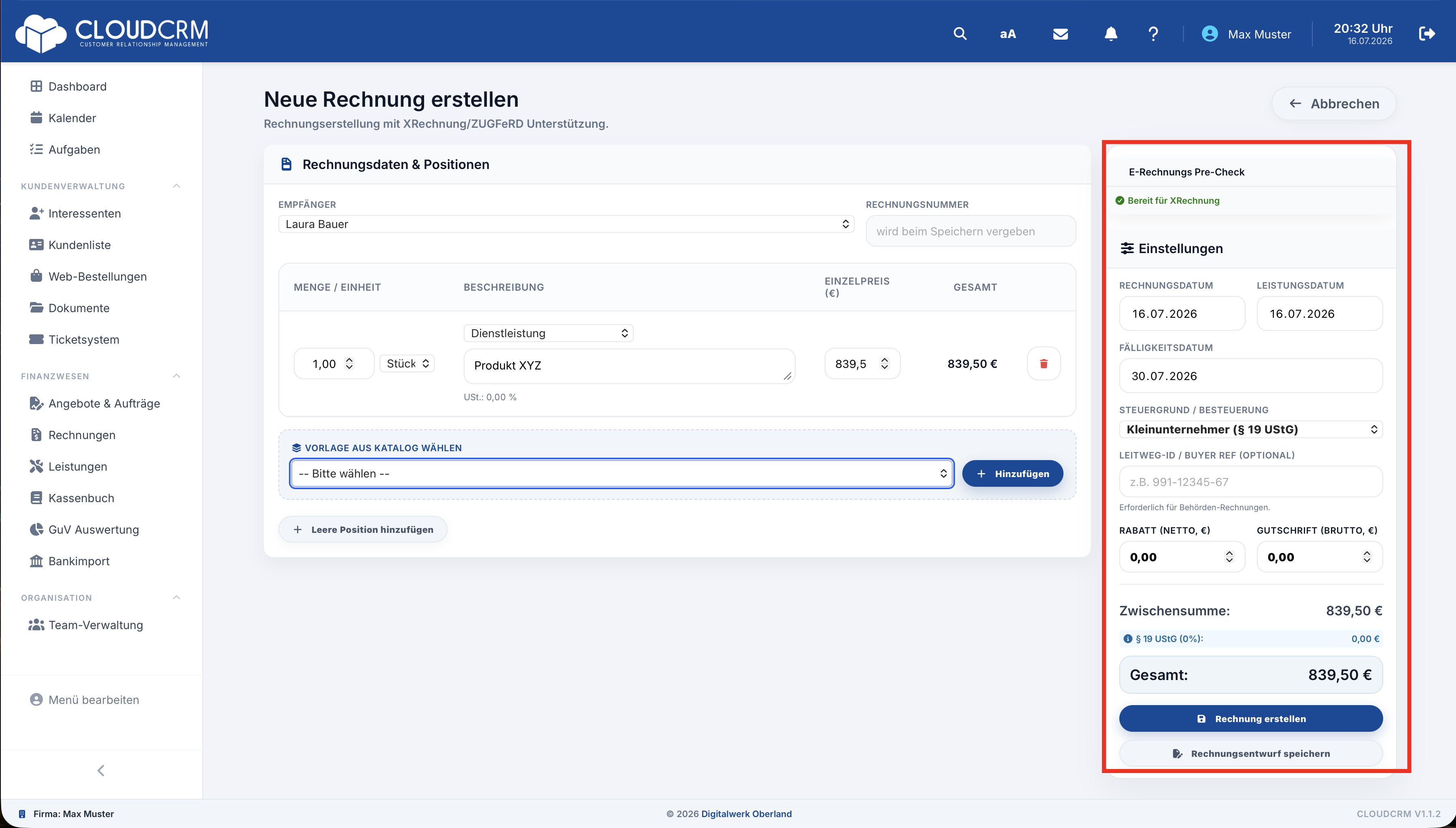 CloudCRM – E-Rechnungs-Pre-Check und Leitweg-ID