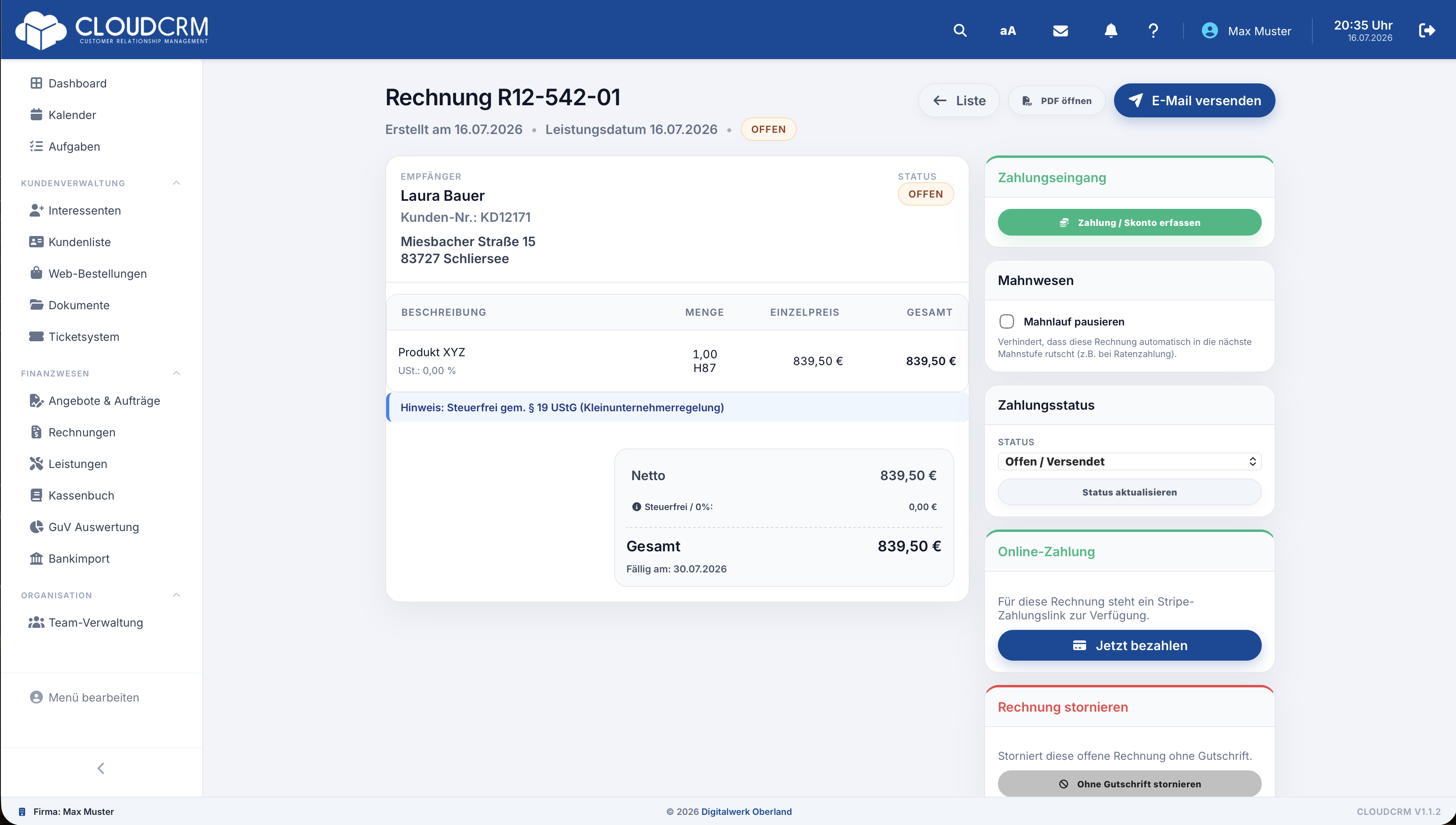 CloudCRM – Gespeicherte Rechnung in der Rechnungsansicht