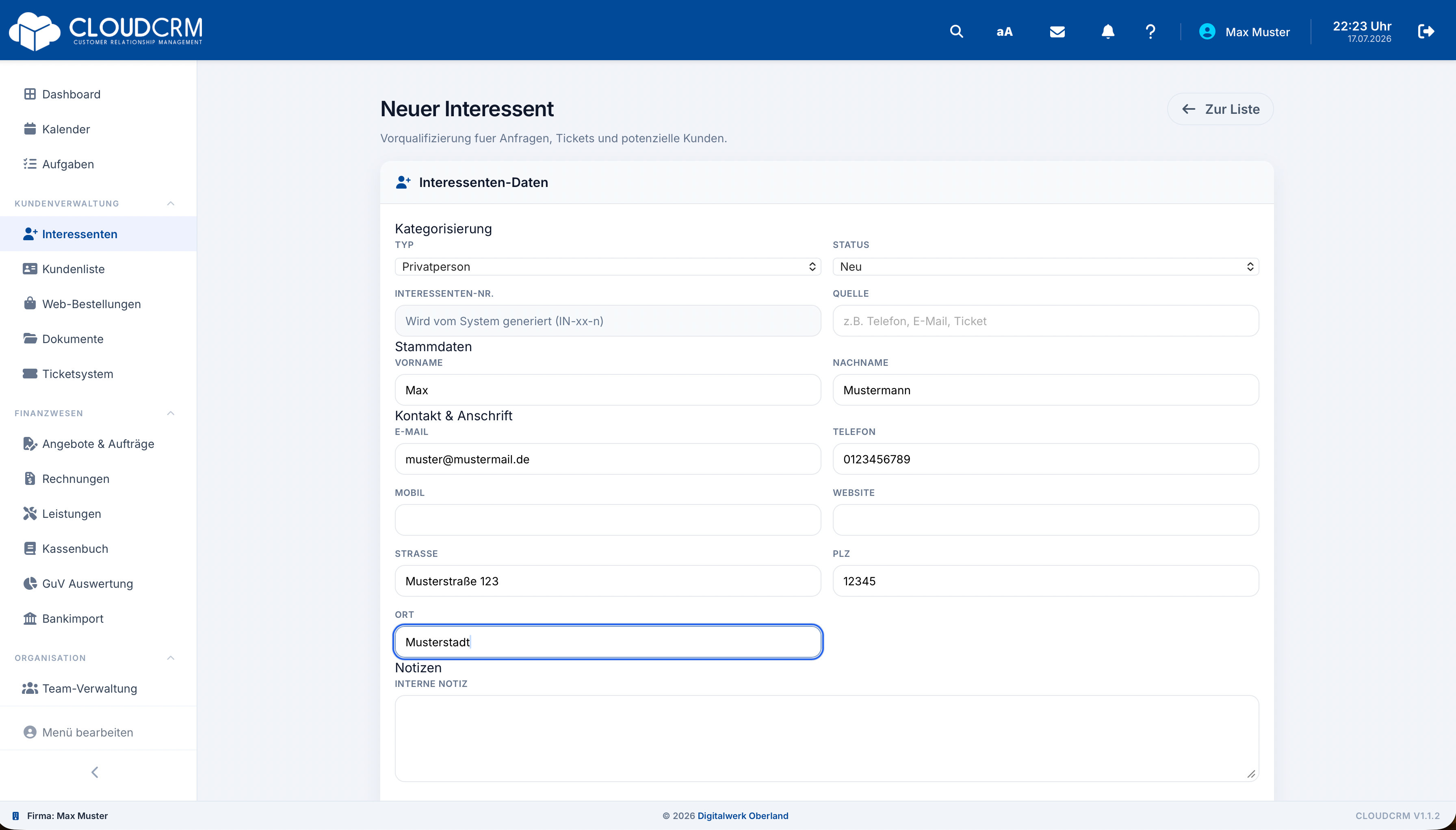 CloudCRM – Neuer Interessent mit Kontaktdaten