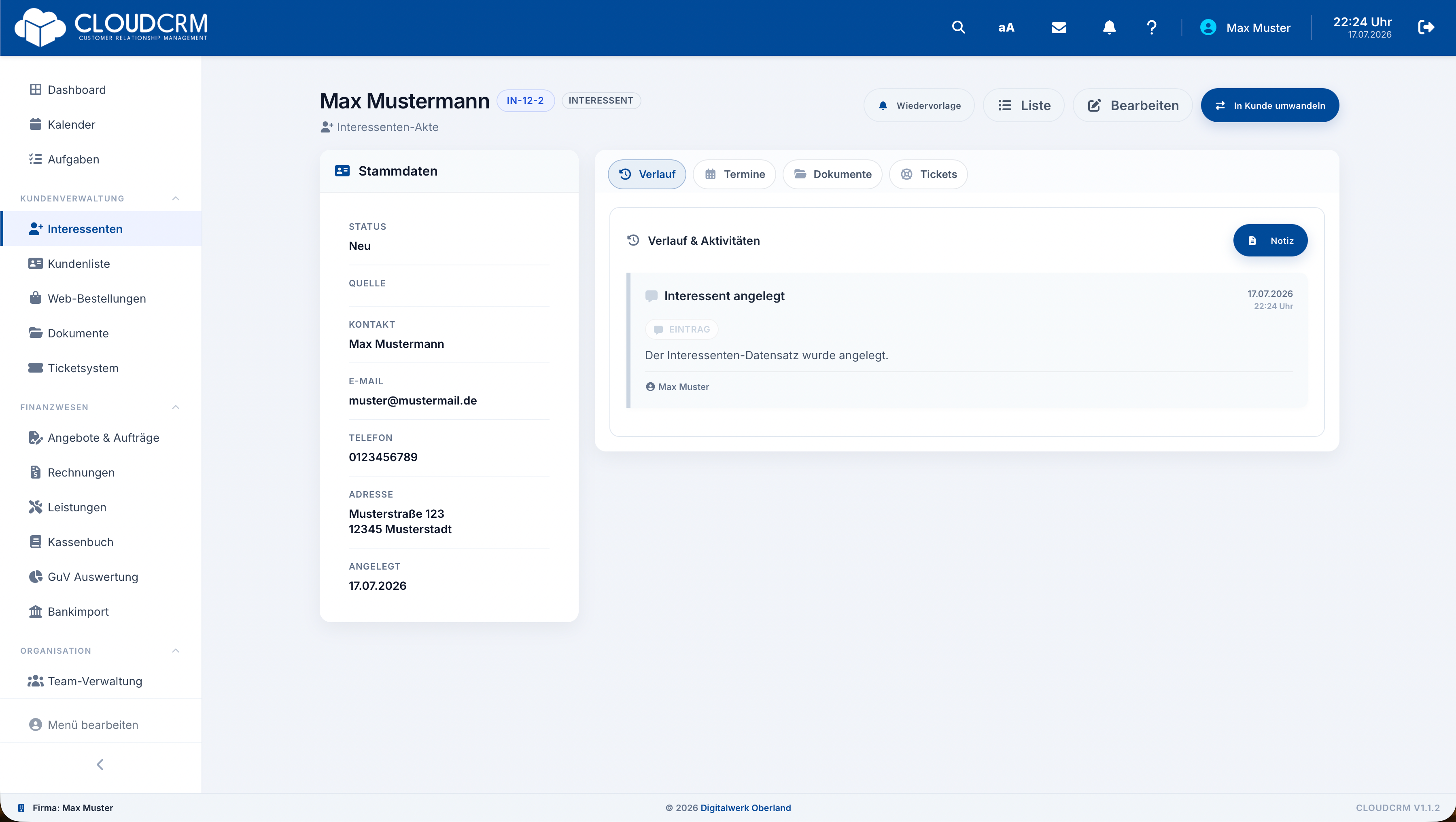 CloudCRM – Interessenübersicht mit Status