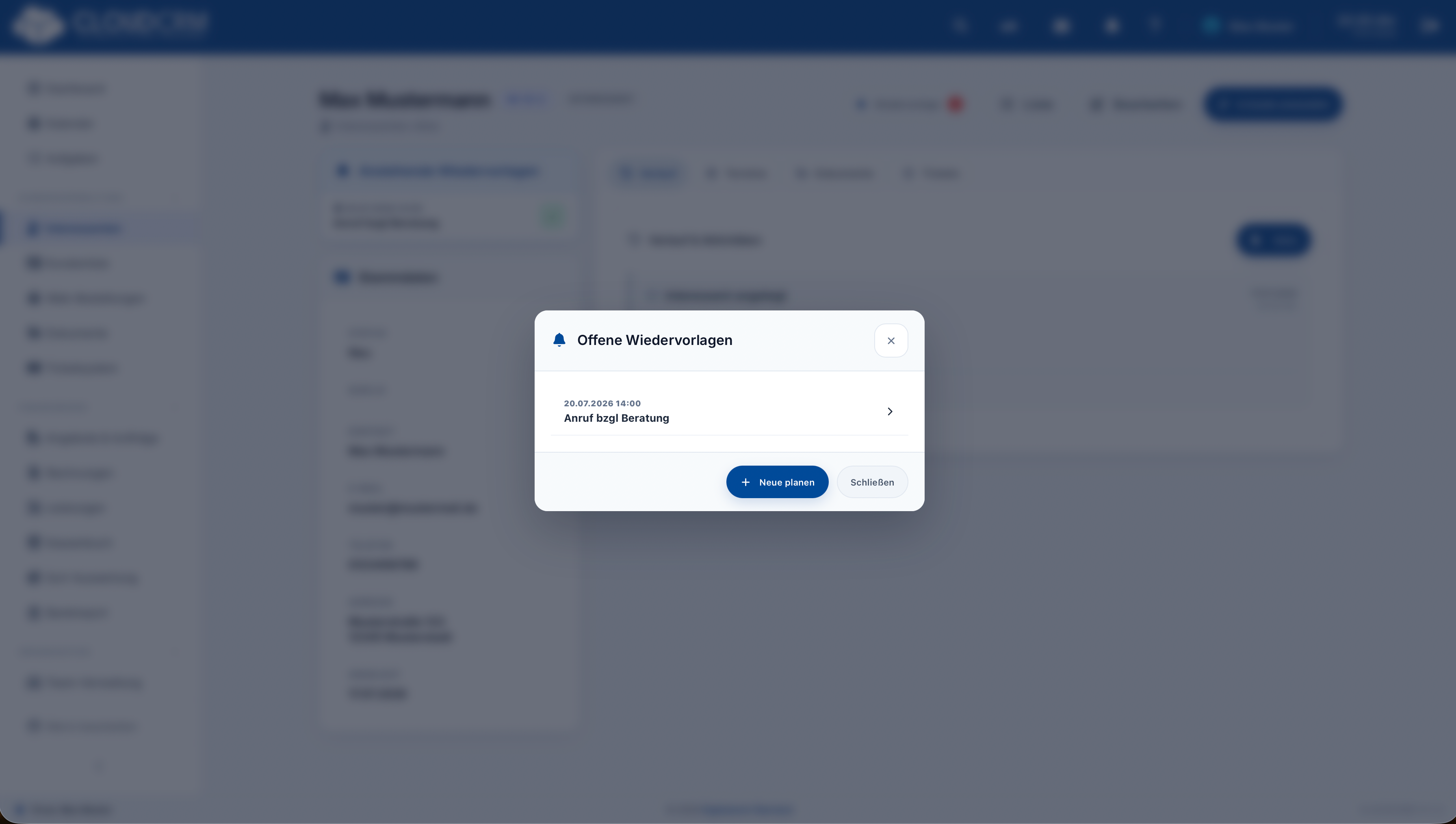 CloudCRM – Nachverfolgung über Aufgabe oder Wiedervorlage