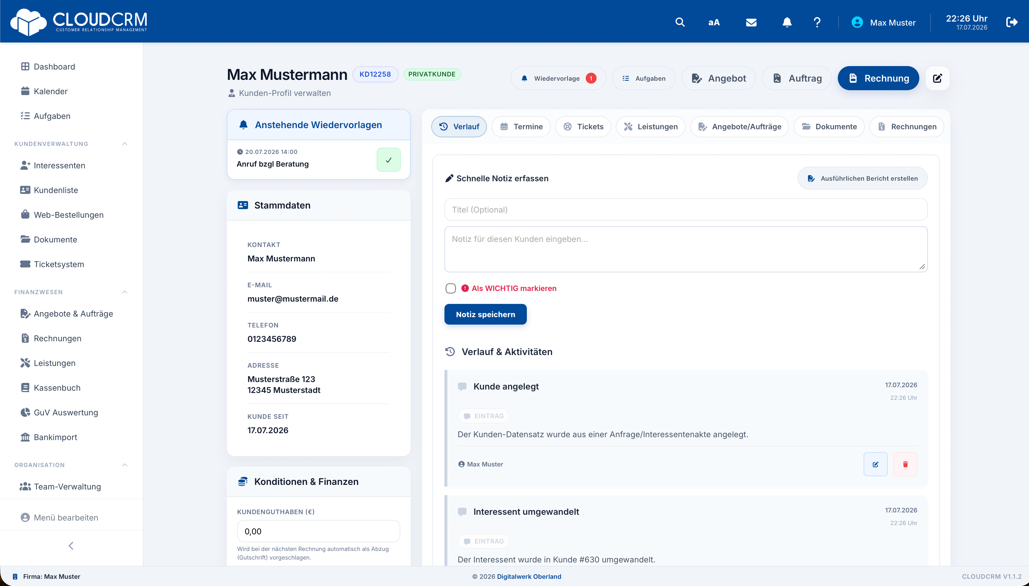 CloudCRM – Umwandlung in eine Kundenakte