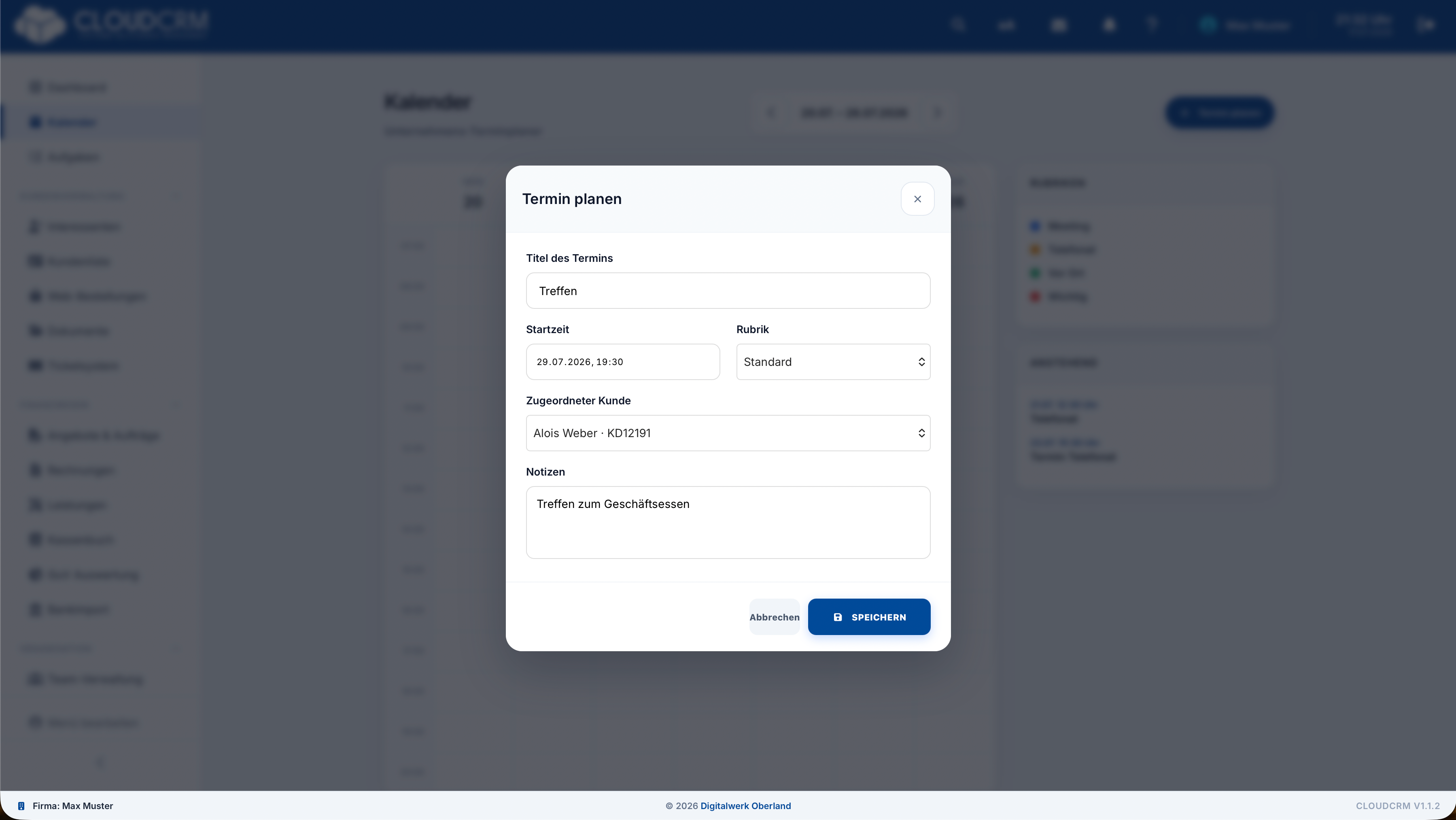CloudCRM – Formular für einen Kundentermin