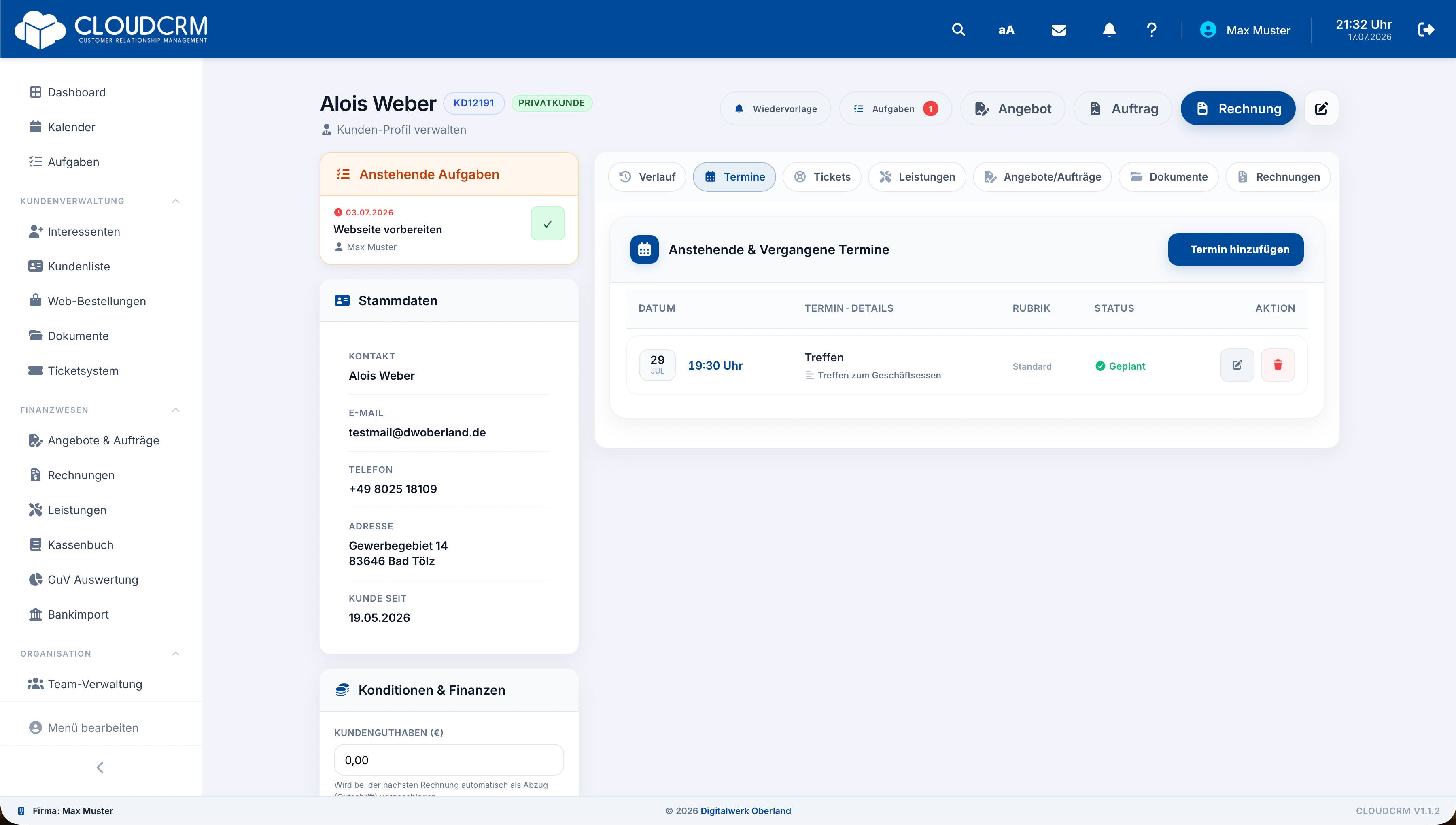 CloudCRM – Termin im Kalender und in der Kundenakte