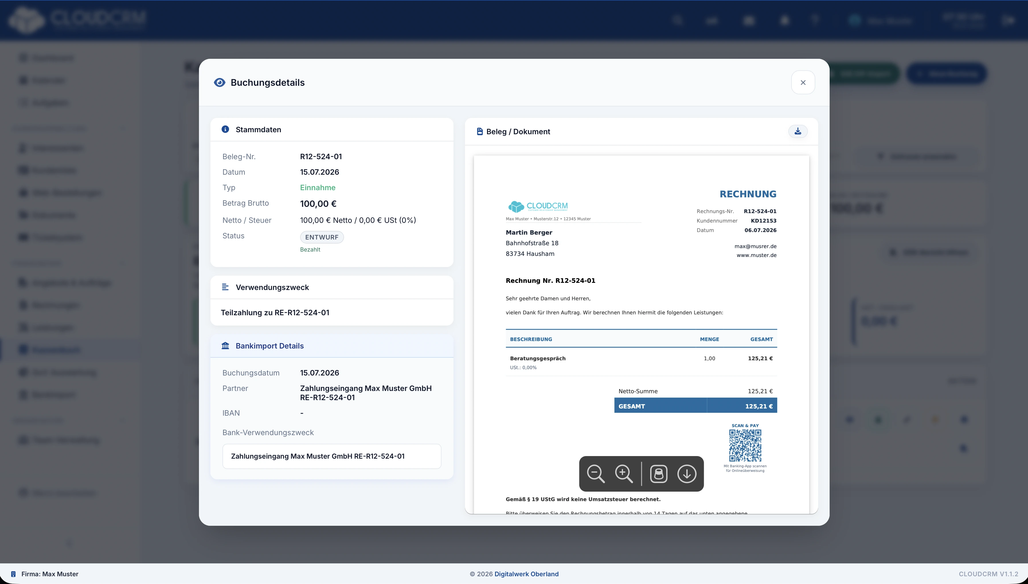 CloudCRM – Buchung mit zugeordnetem Beleg