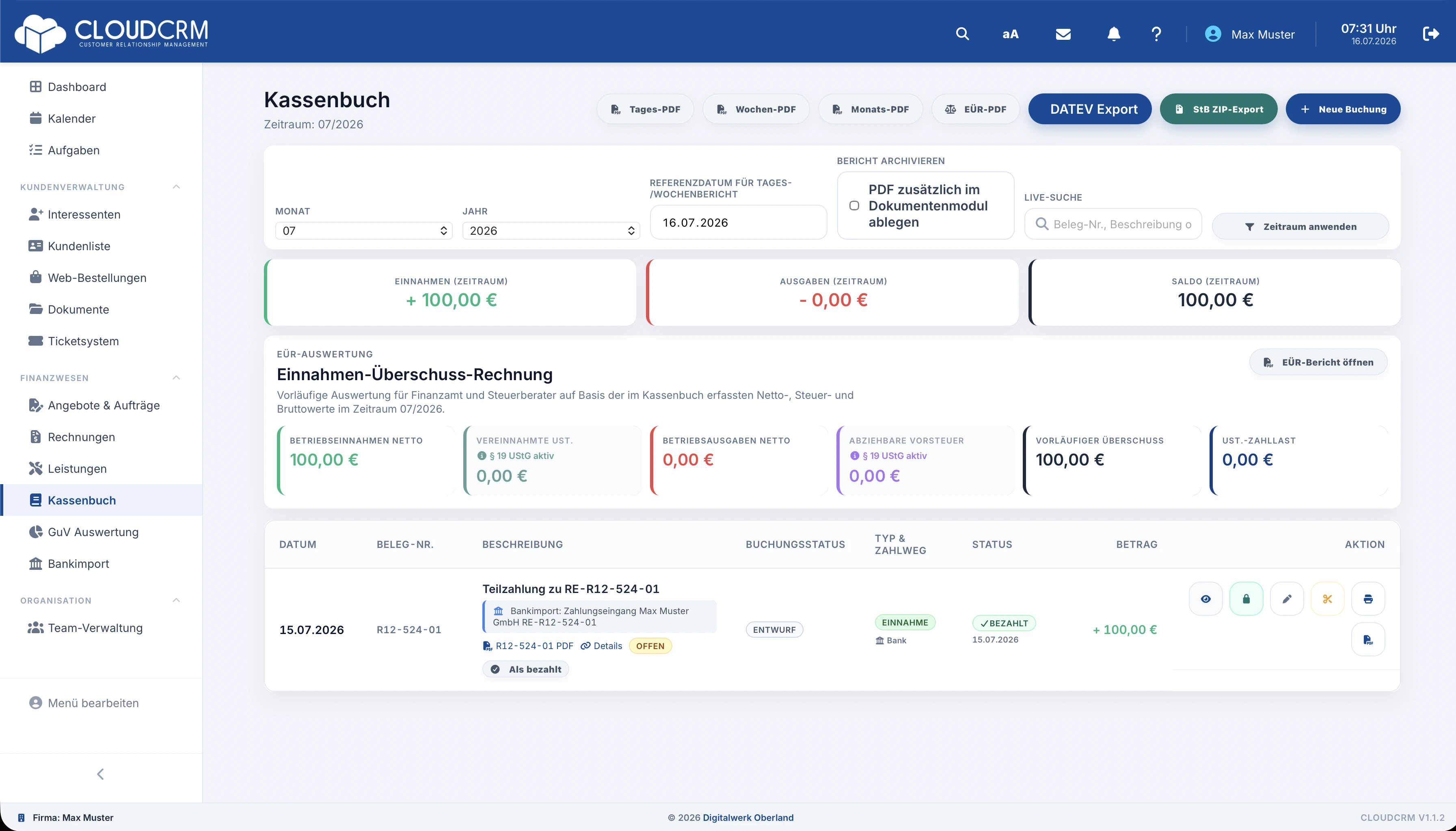 CloudCRM – Prüfansicht vor der Festschreibung