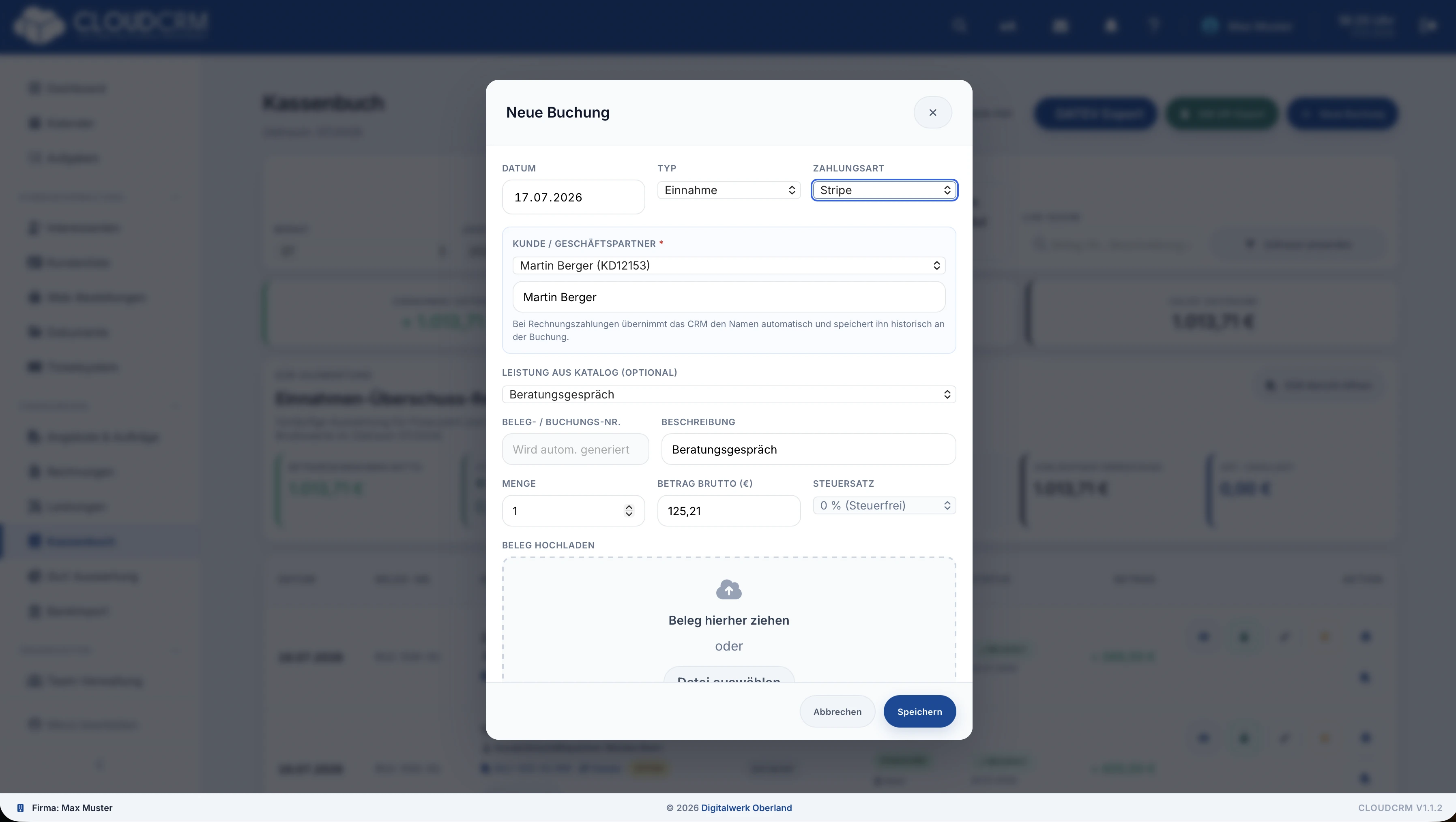 CloudCRM – Neue Einnahme oder Ausgabe im Kassenbuch