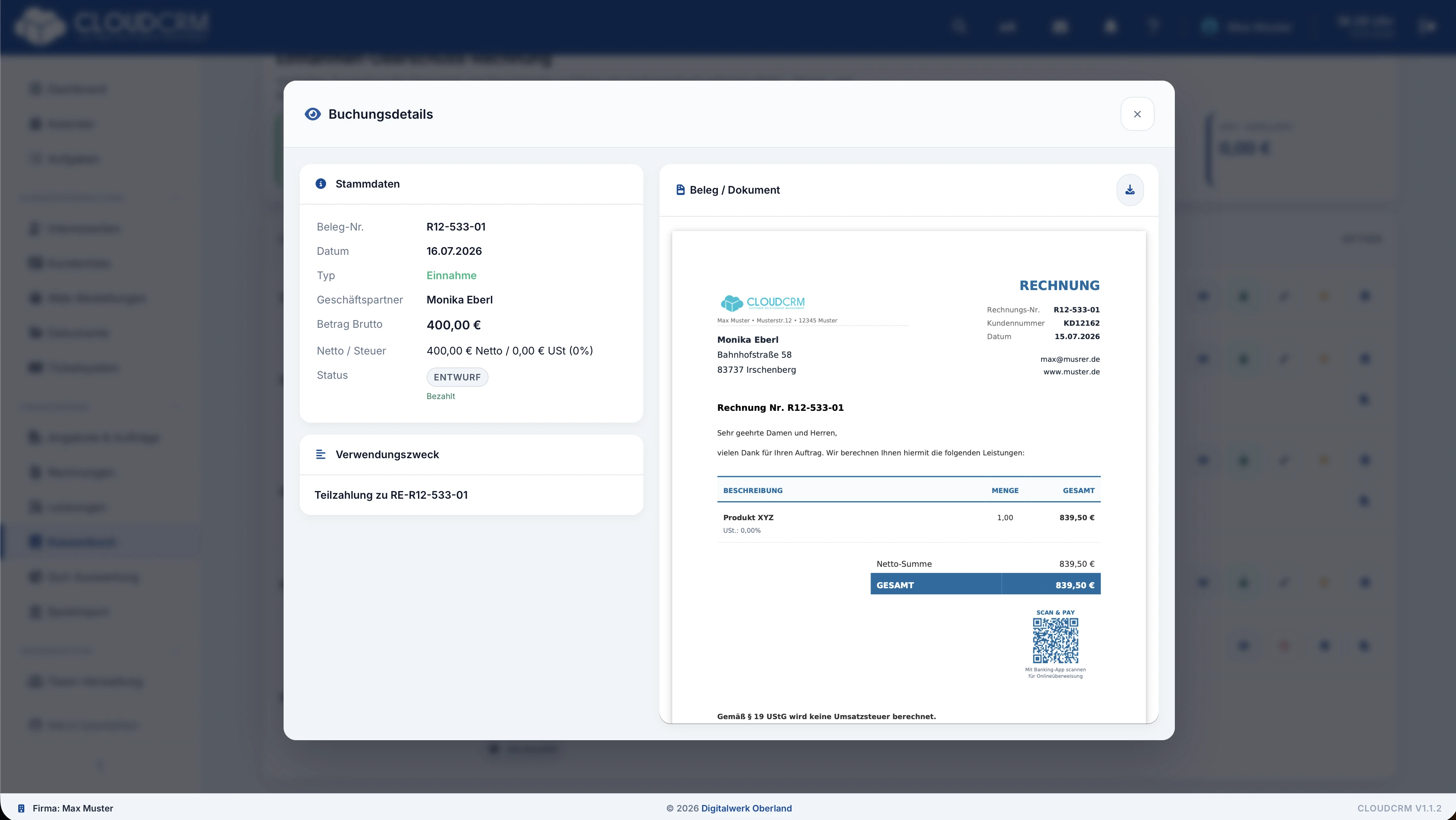 CloudCRM – Buchung mit verbundener Rechnung und PDF-Beleg