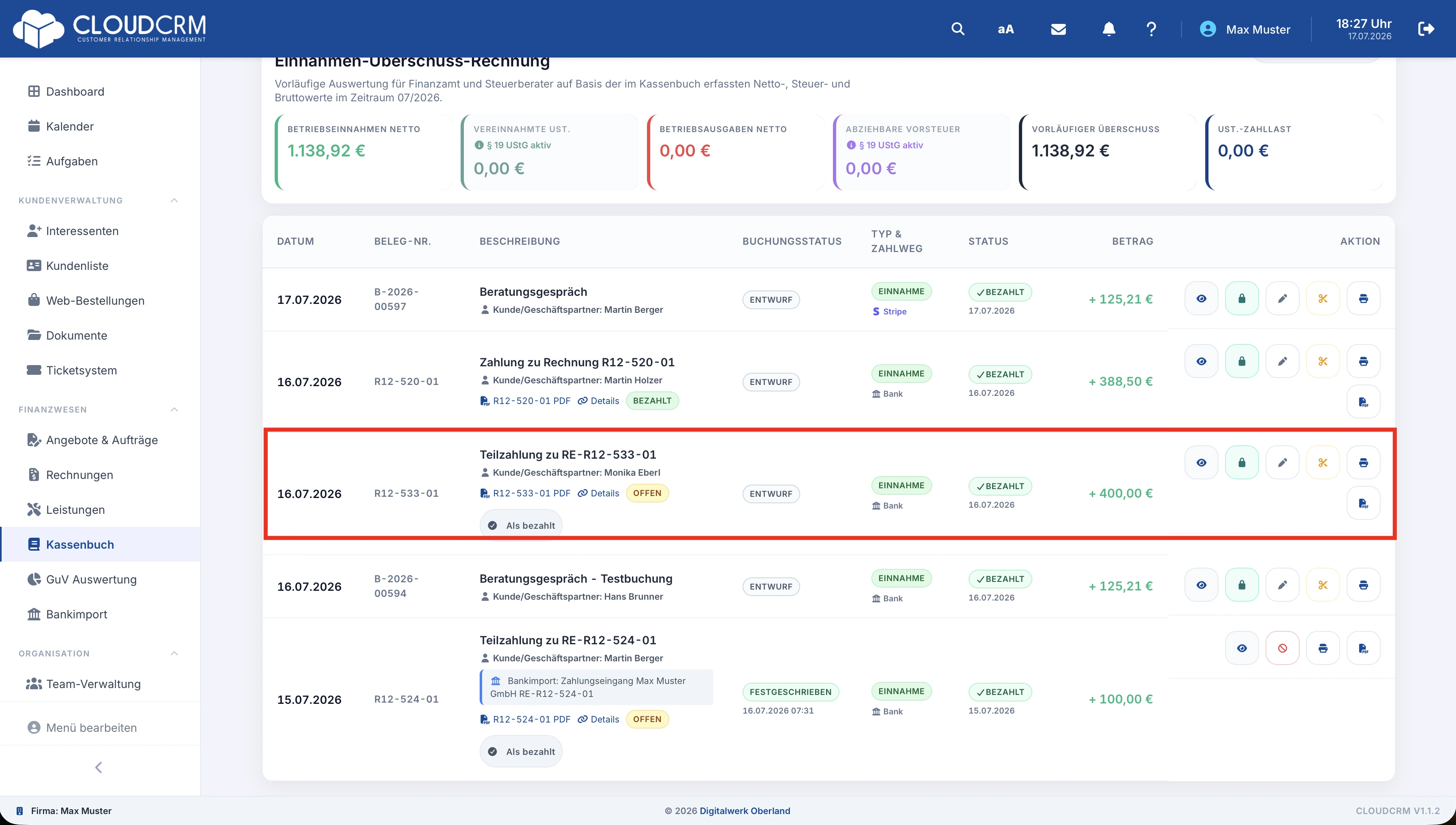 CloudCRM – Prüfansicht vor der Festschreibung