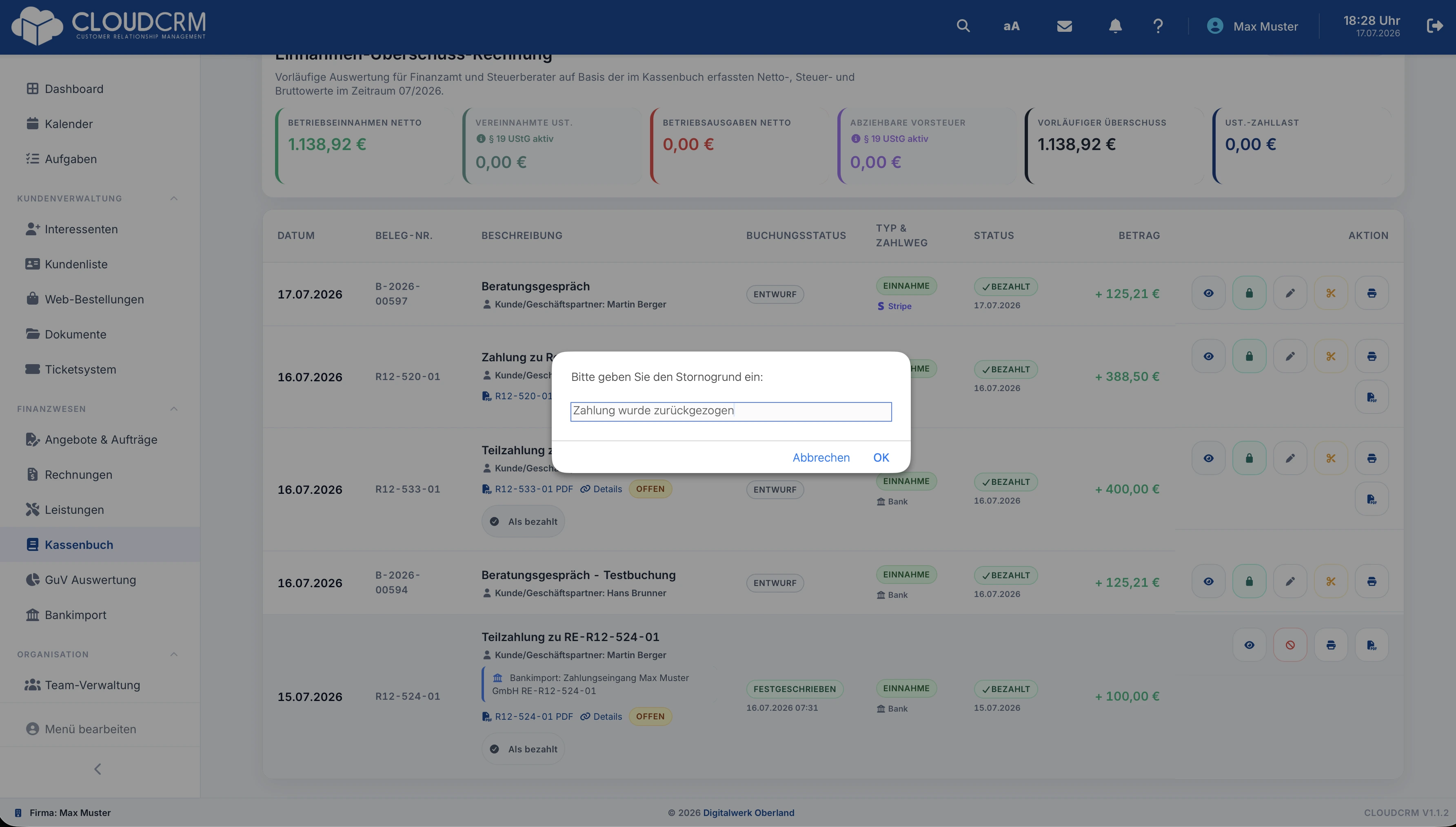 CloudCRM – Stornierter Vorgang mit Historie