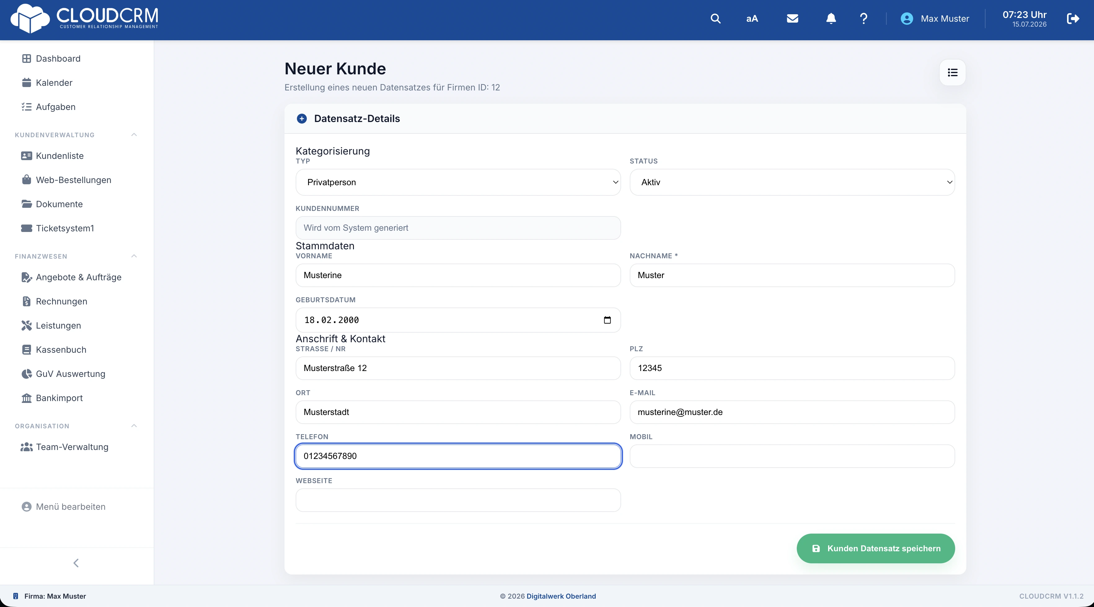 CloudCRM – Formular zur Anlage eines neuen Kunden