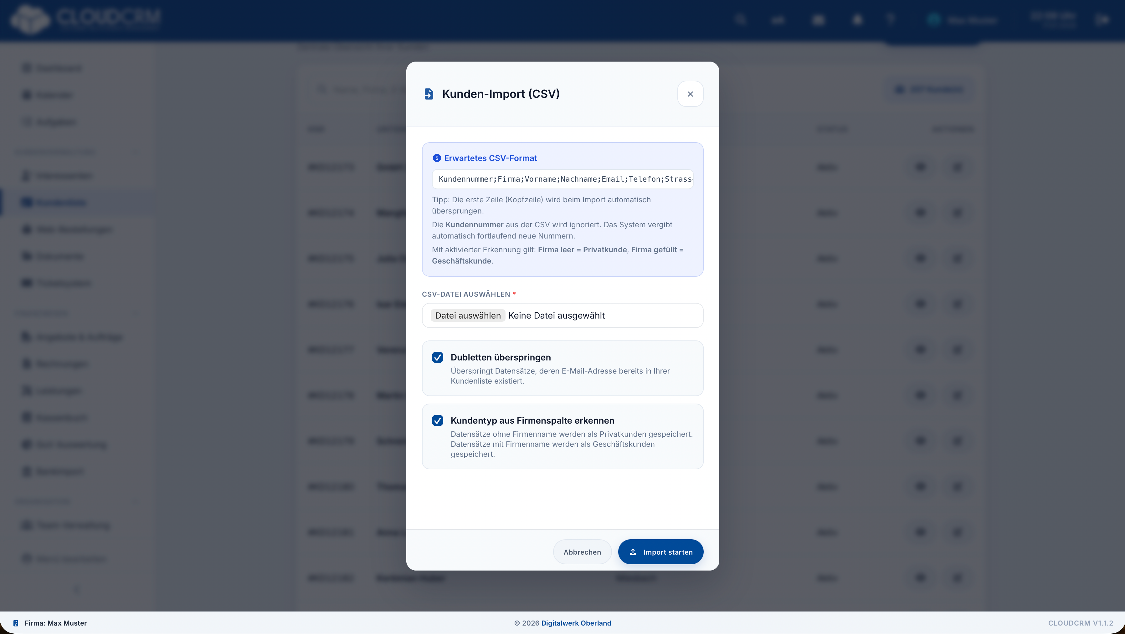 CloudCRM – Importoptionen für Kundentyp und Dubletten