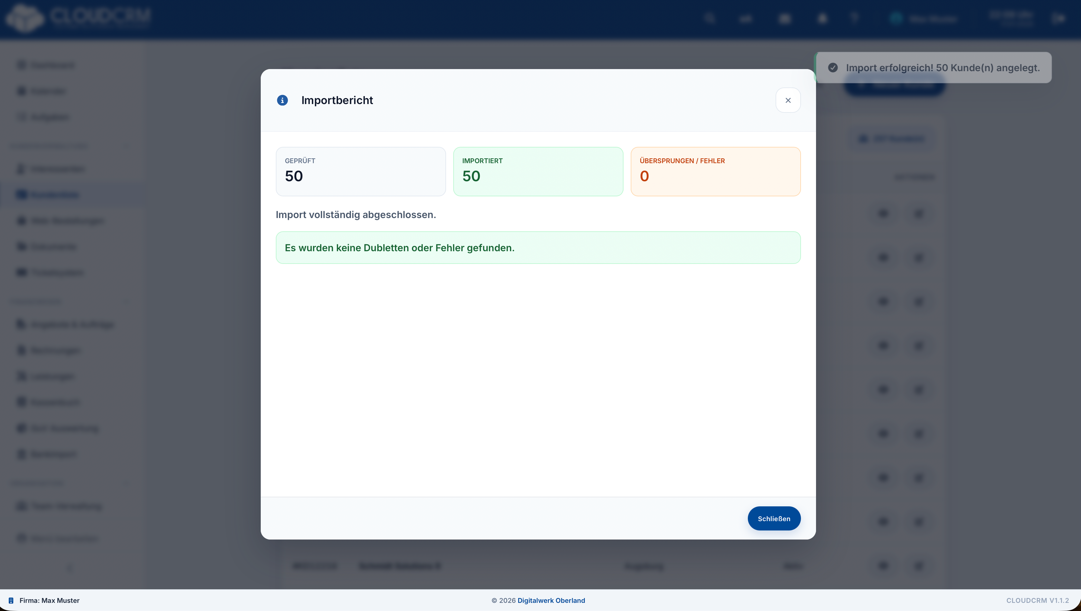 CloudCRM – Importbericht mit importierten und übersprungenen Zeilen