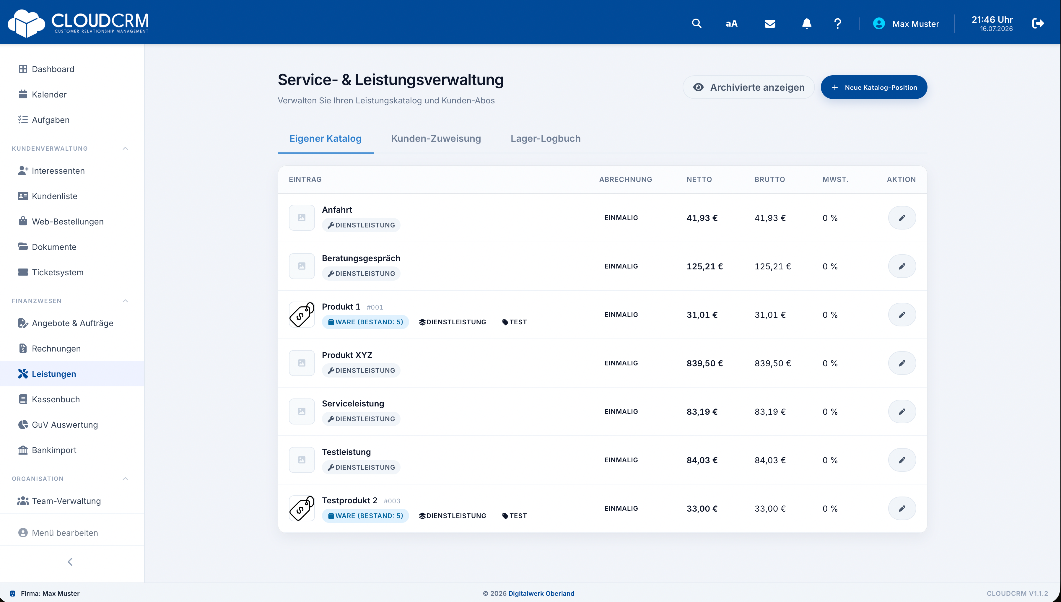 CloudCRM – Leistungskatalog mit Dienstleistungen und Waren