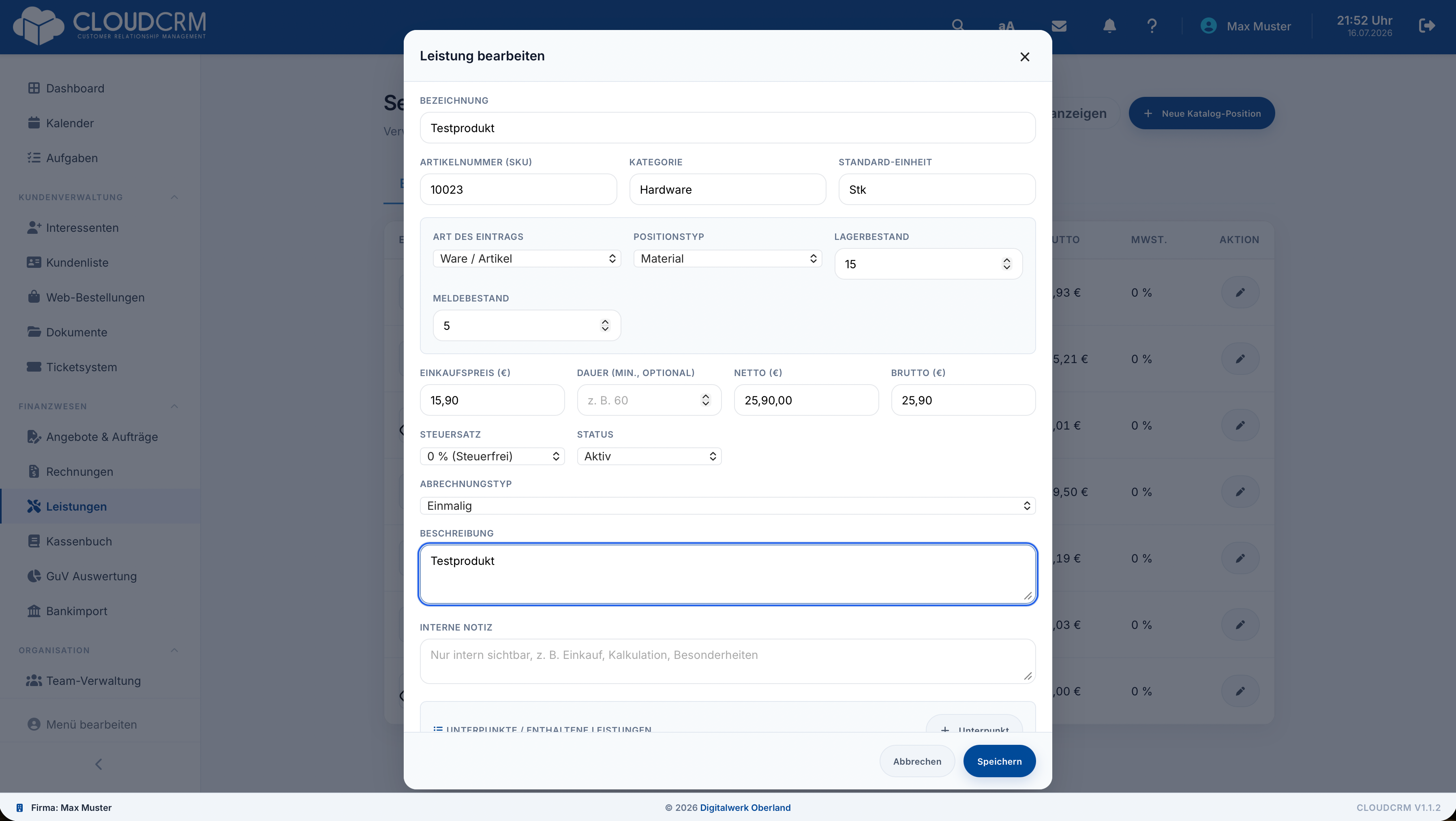 CloudCRM – Formular für Artikel-, Preis- und Bestandsdaten