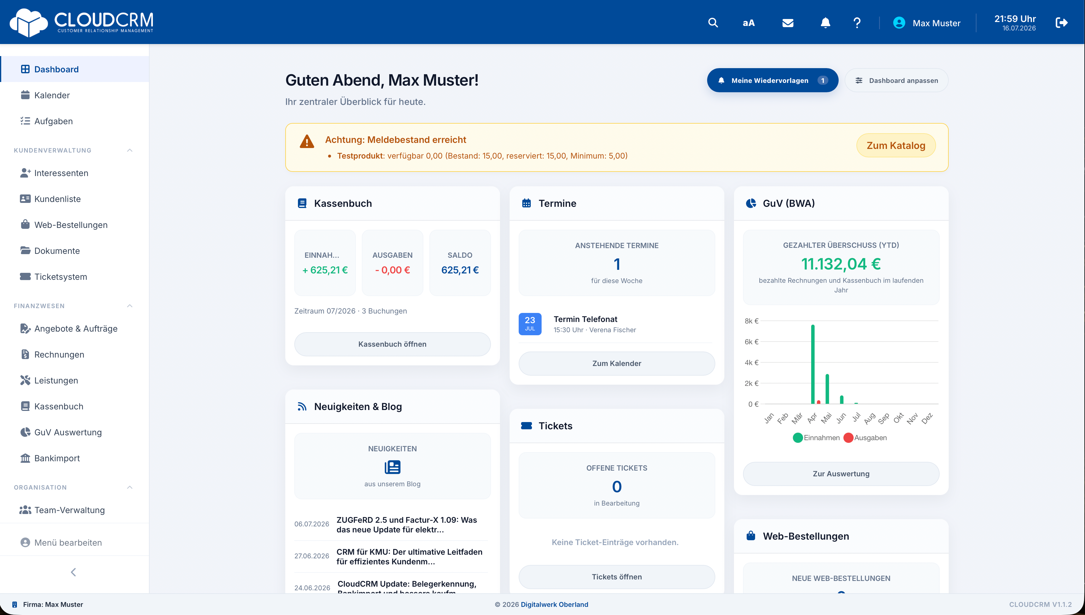 CloudCRM – Hinweis zu niedrigem Mindestbestand