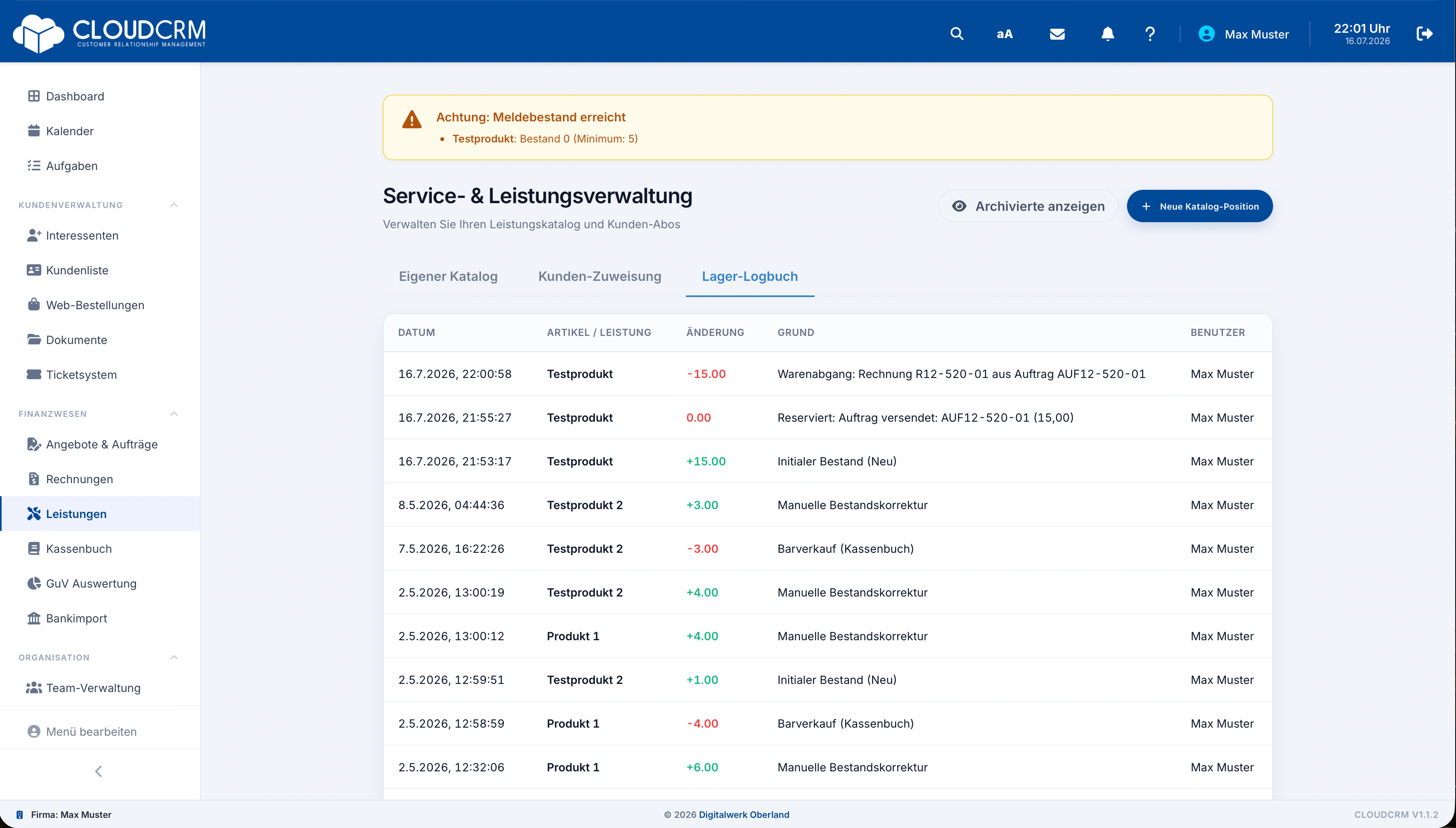 CloudCRM – Lagerlogbuch mit Bestandsbewegungen