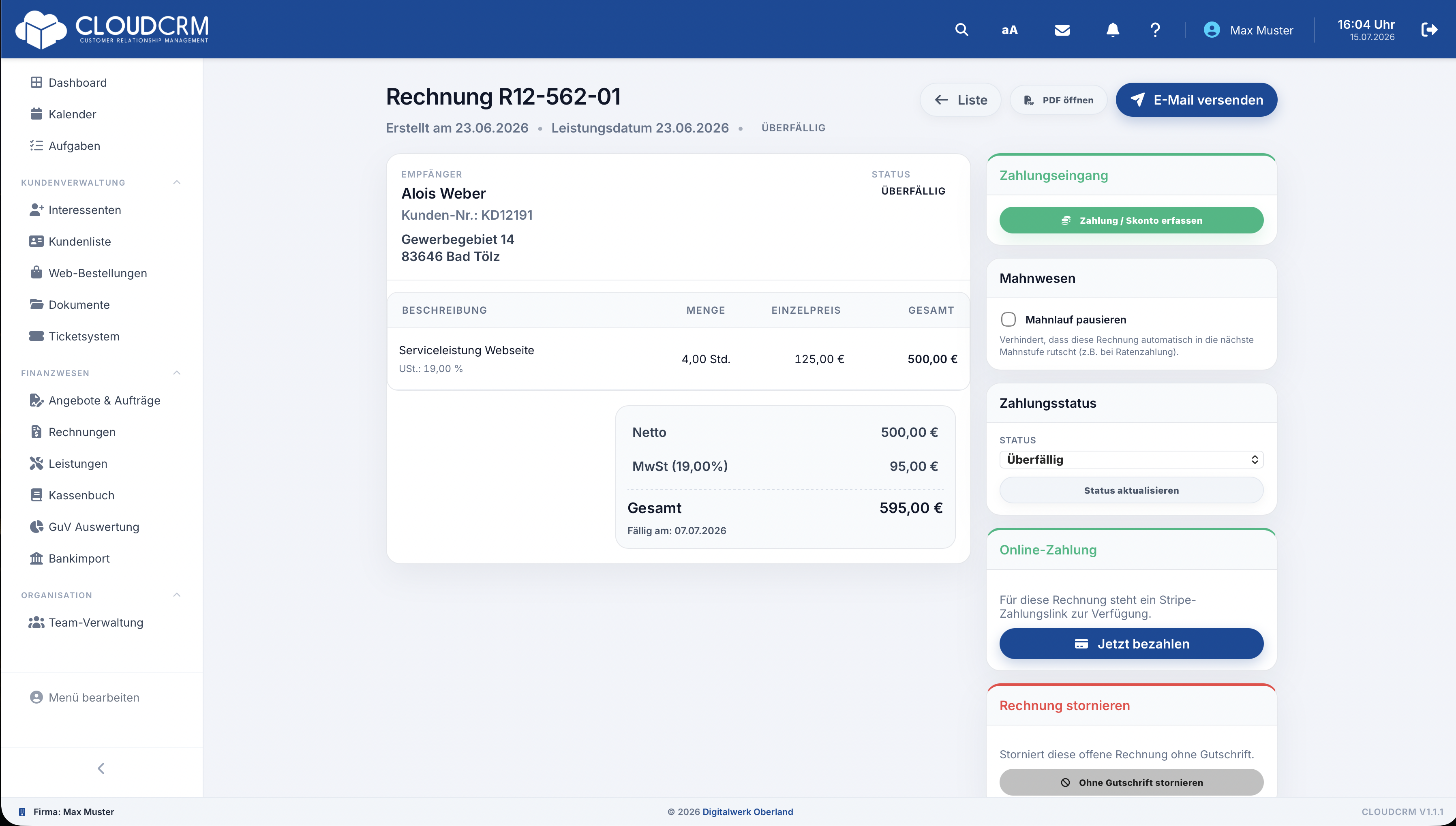 CloudCRM – Liste offener Rechnungen mit Mahnstatus