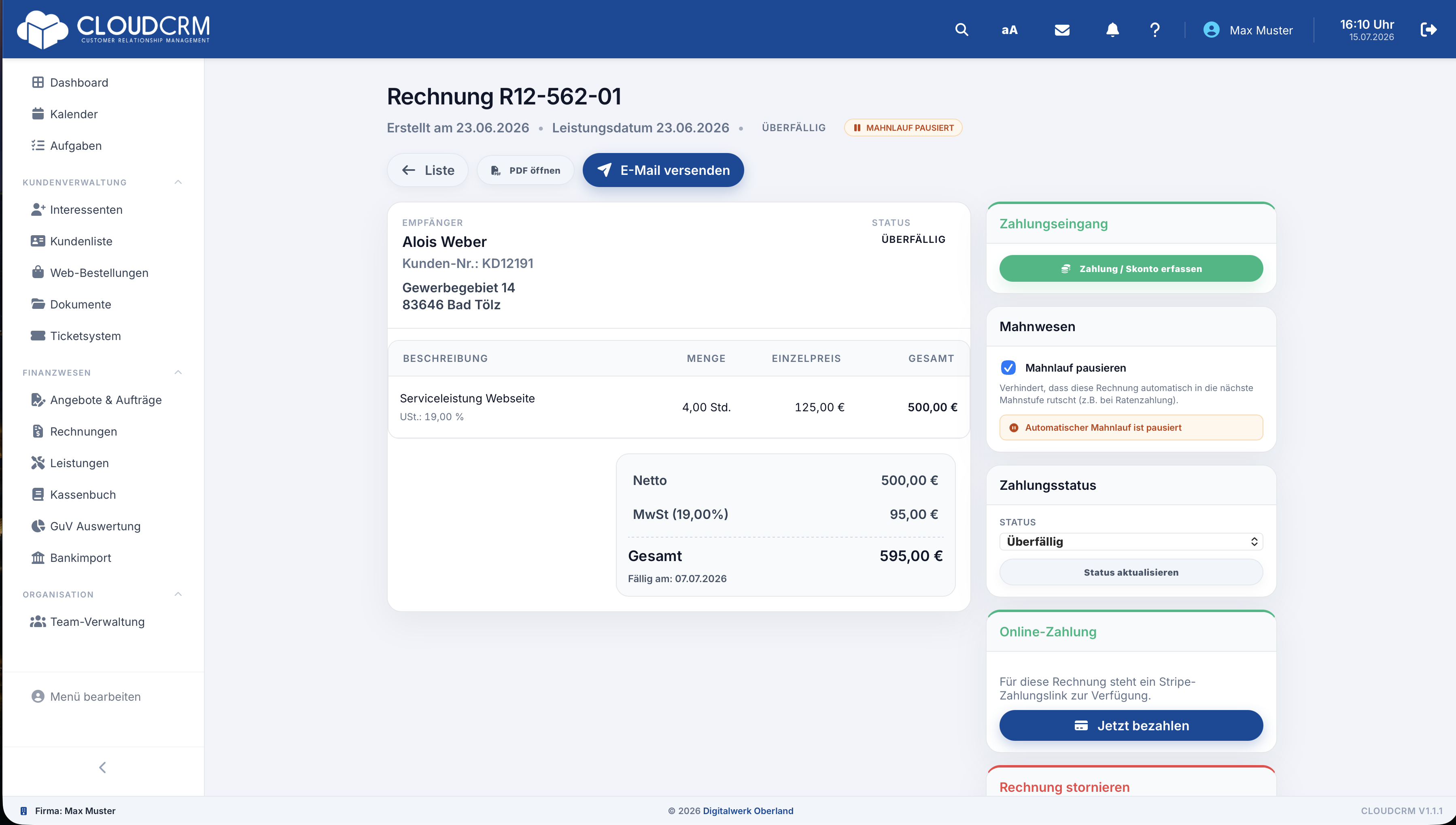 CloudCRM – Rechnung mit pausiertem Mahnlauf