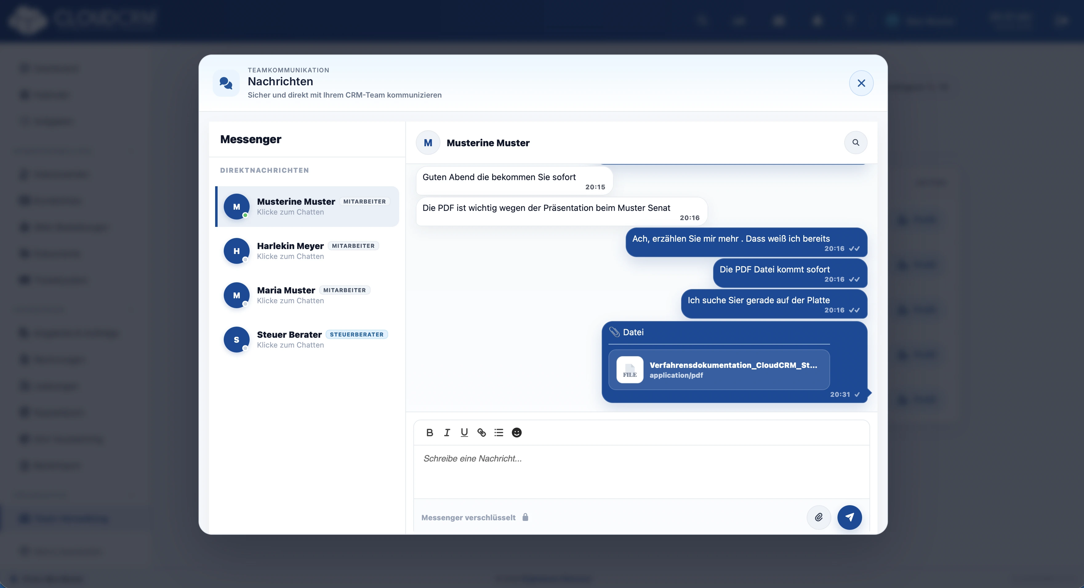 CloudCRM. Datei-Upload im Messenger: eine Datei als Anhang zur geöffneten Unterhaltung hinzufügen