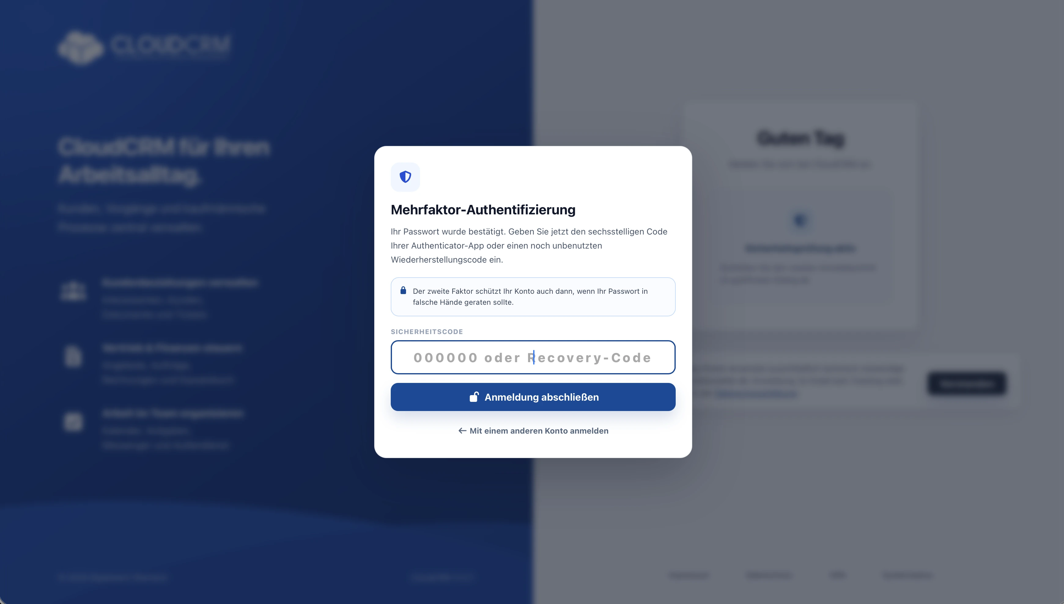 CloudCRM. Anmeldung mit zusätzlichem Authenticator-Code