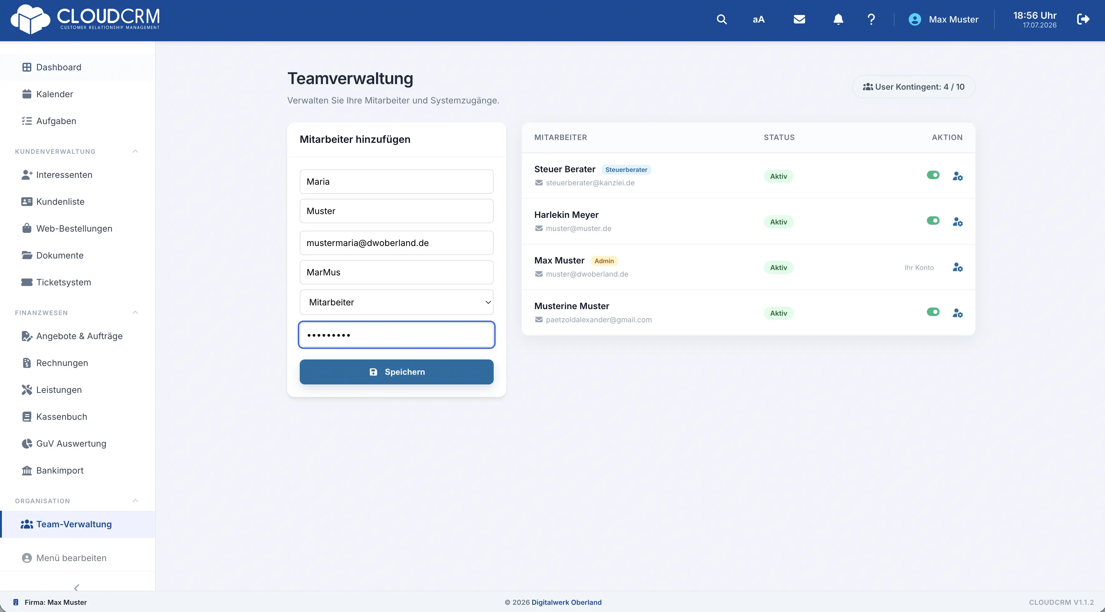 CloudCRM – Formular zum Anlegen eines Mitarbeiters