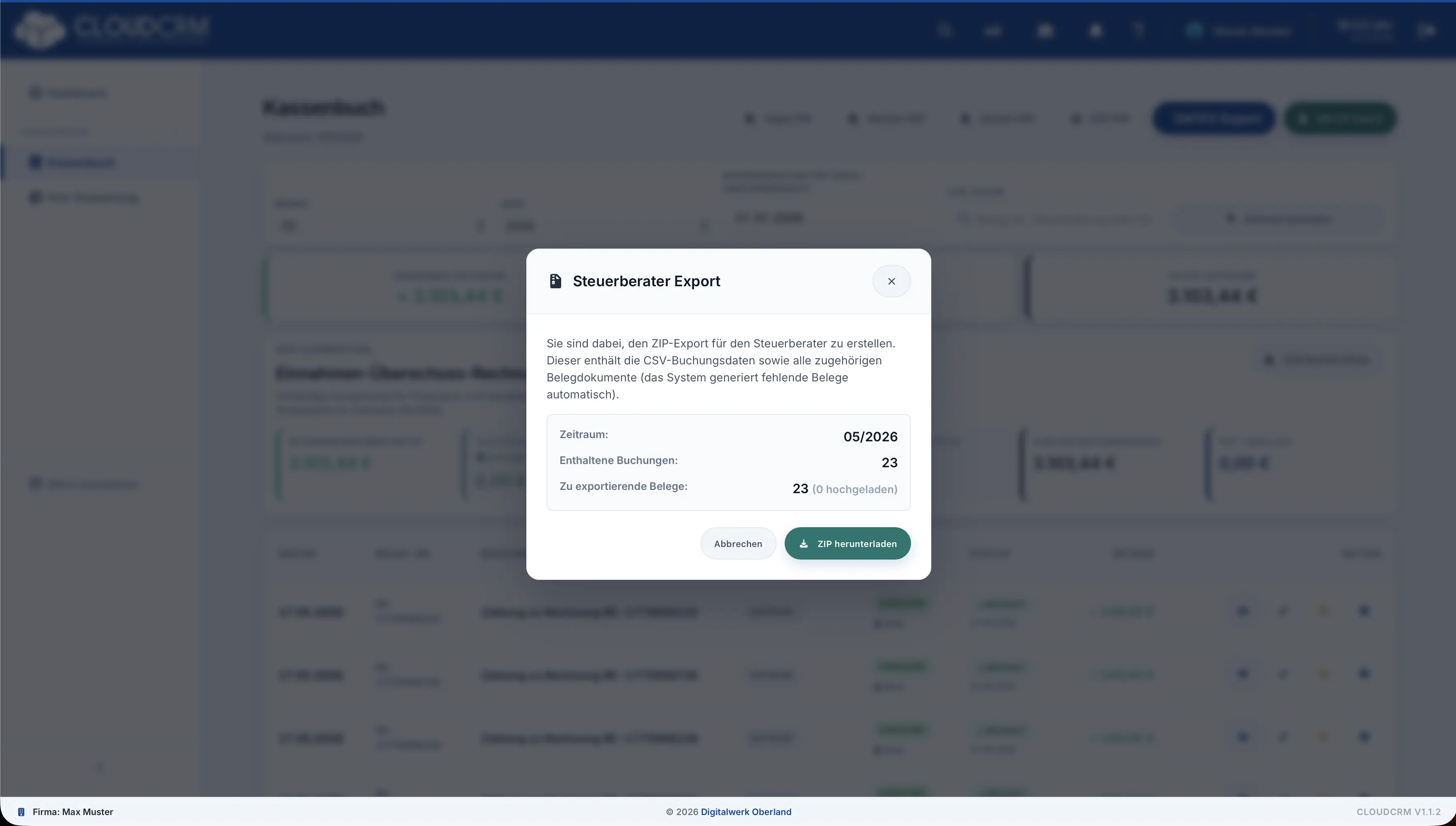 CloudCRM – Kassenbuch und Export im Steuerberater-Zugang
