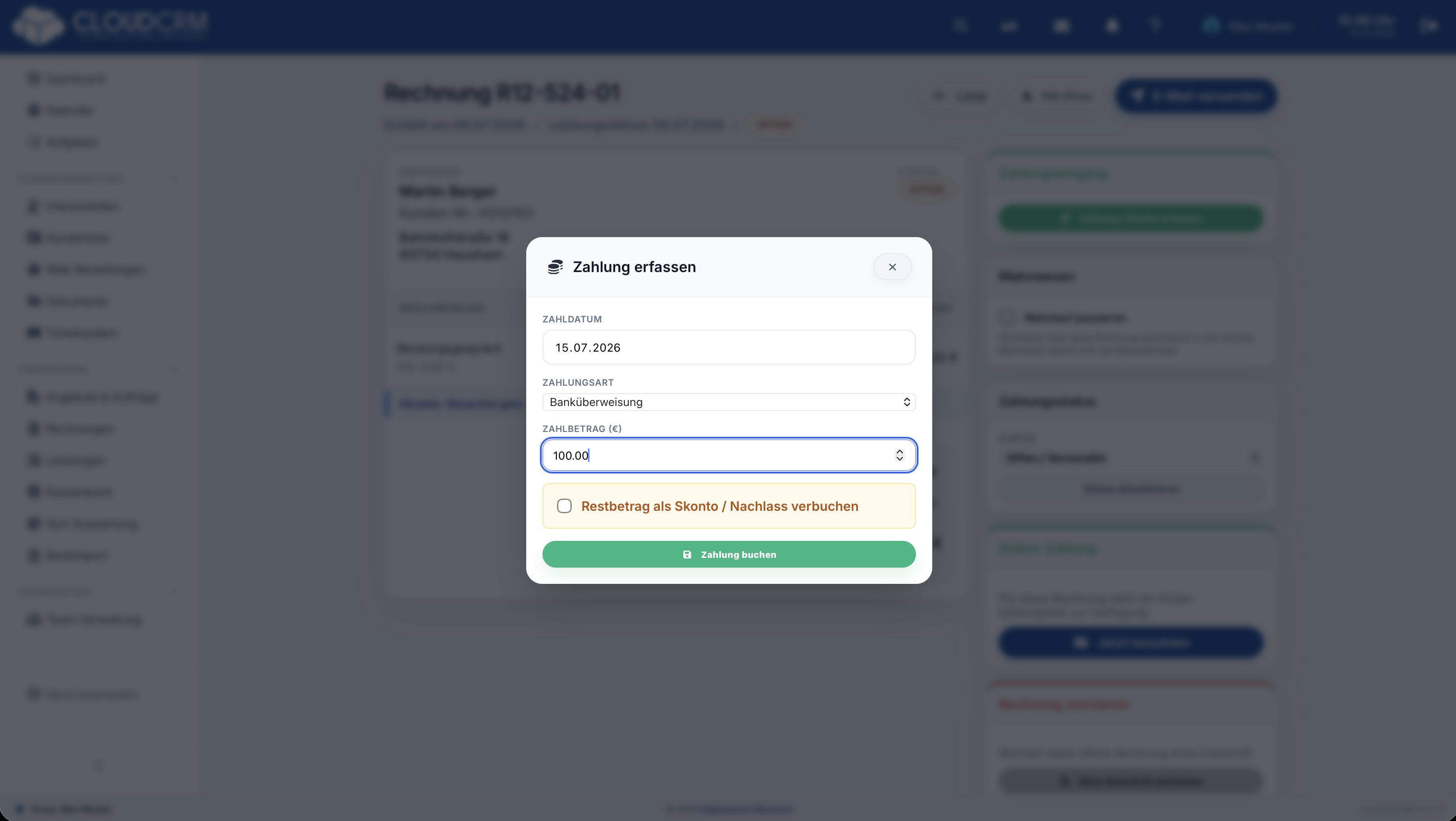CloudCRM – Erfassung einer Teilzahlung