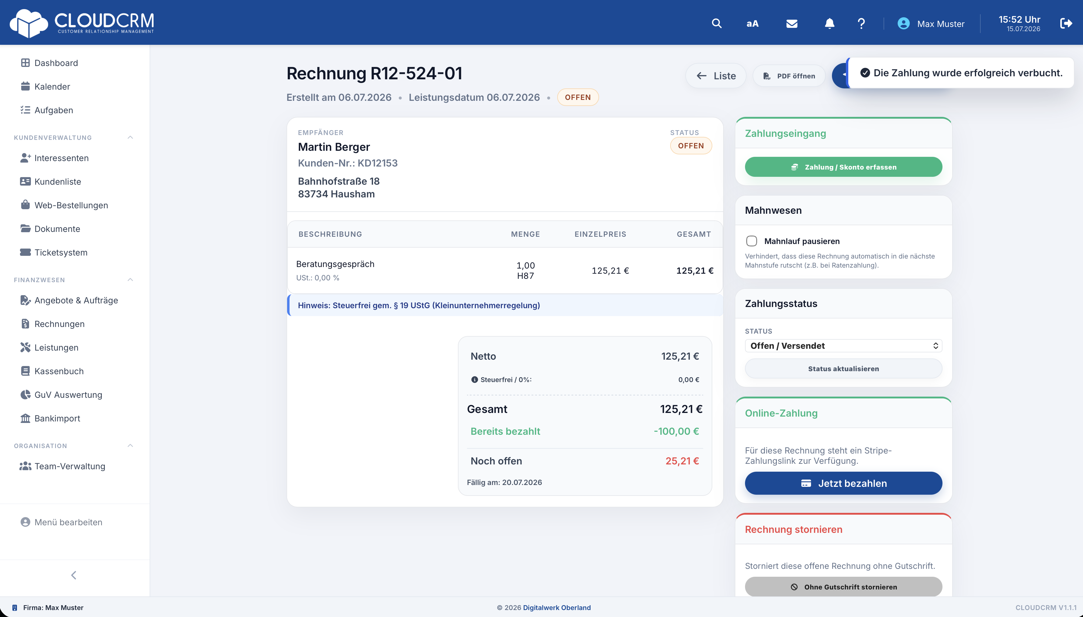 CloudCRM – Rechnung mit offenem Restbetrag