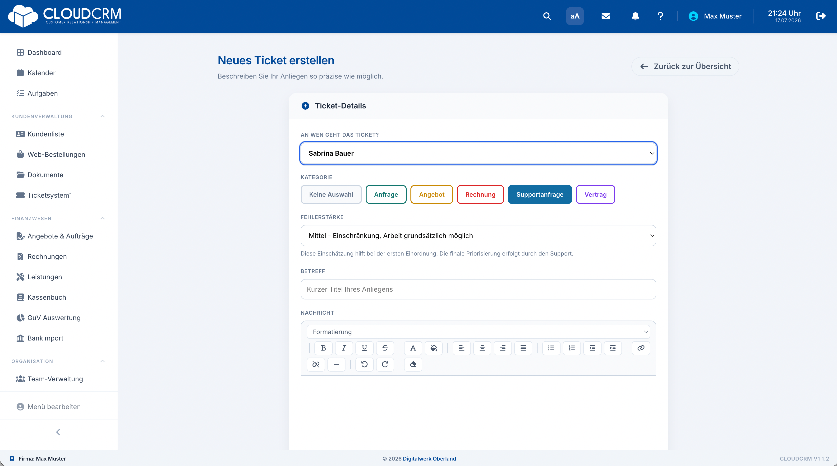 CloudCRM – Neues Ticket mit Priorität