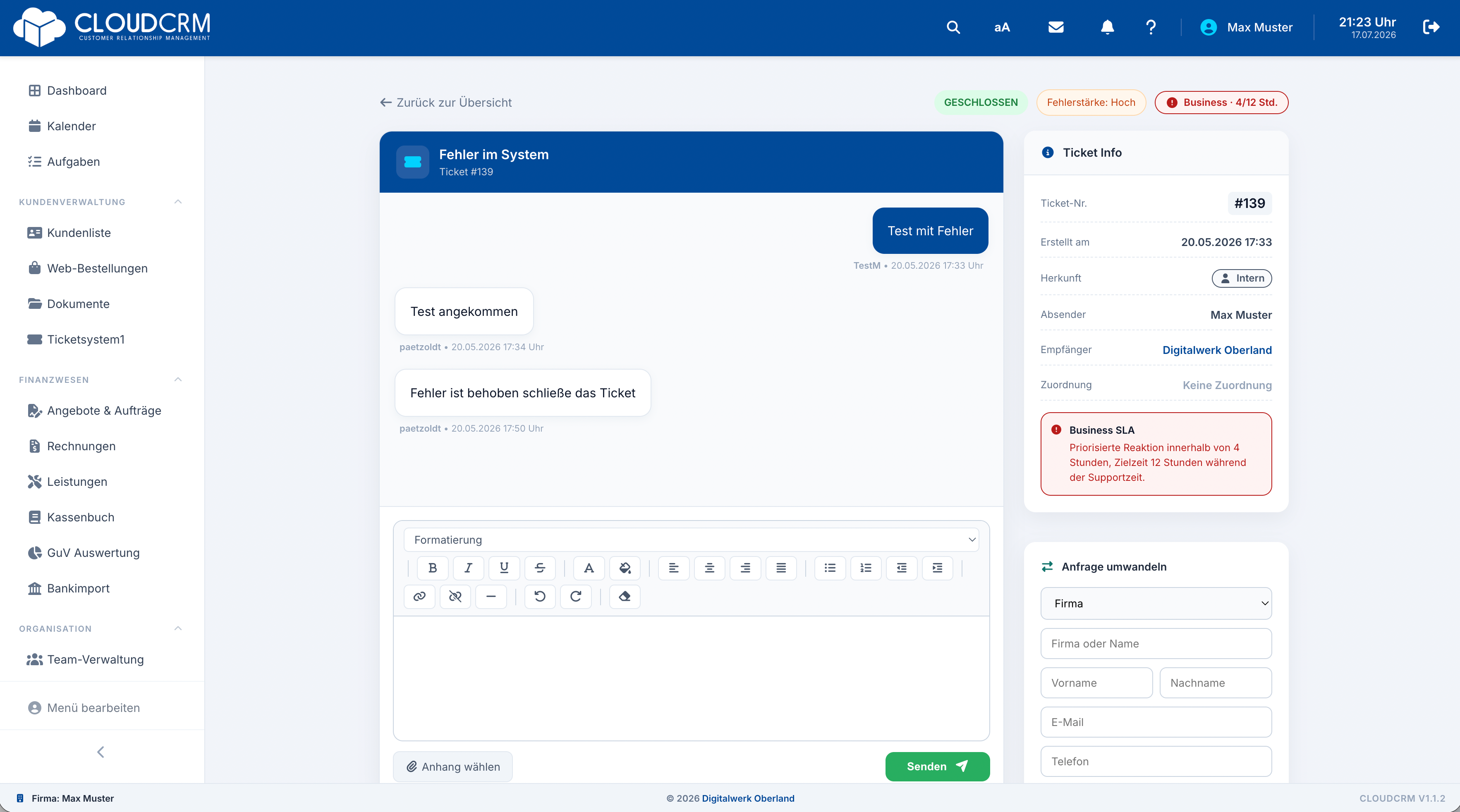 CloudCRM – Ticketverlauf mit Antwort und Anhang