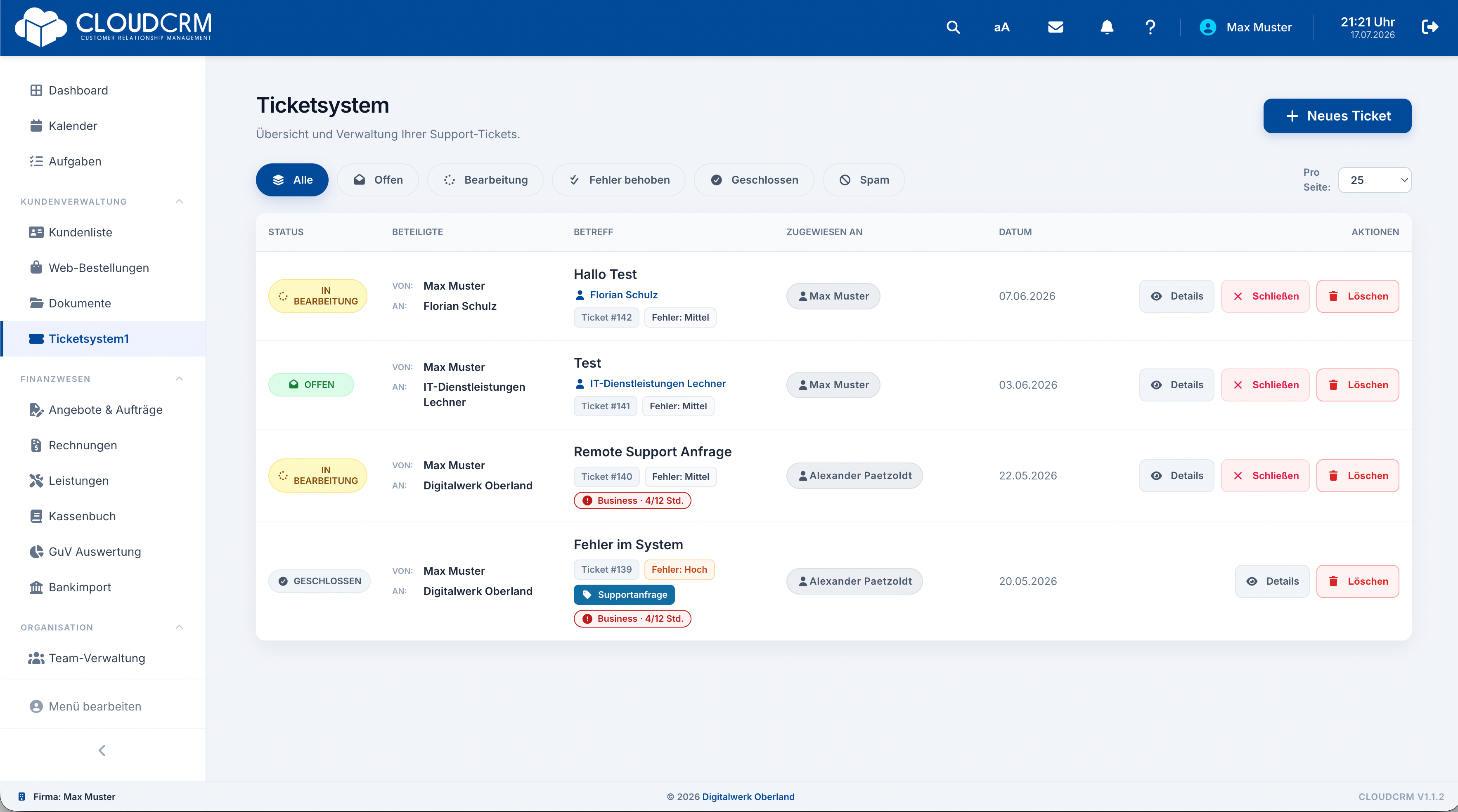 CloudCRM – Ticketübersicht mit verschiedenen Status