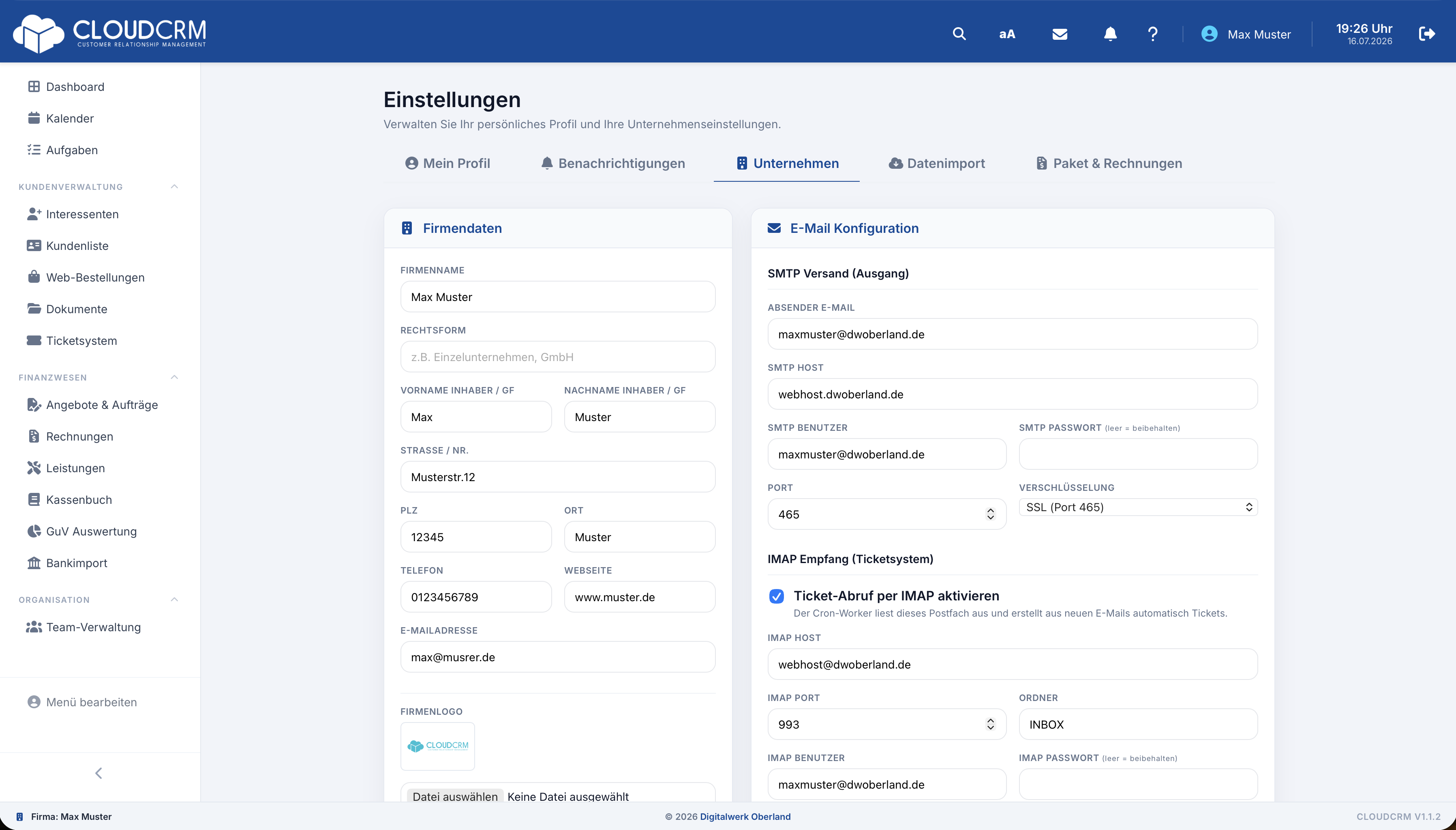 CloudCRM – Firmendaten mit Anschrift und Logo
