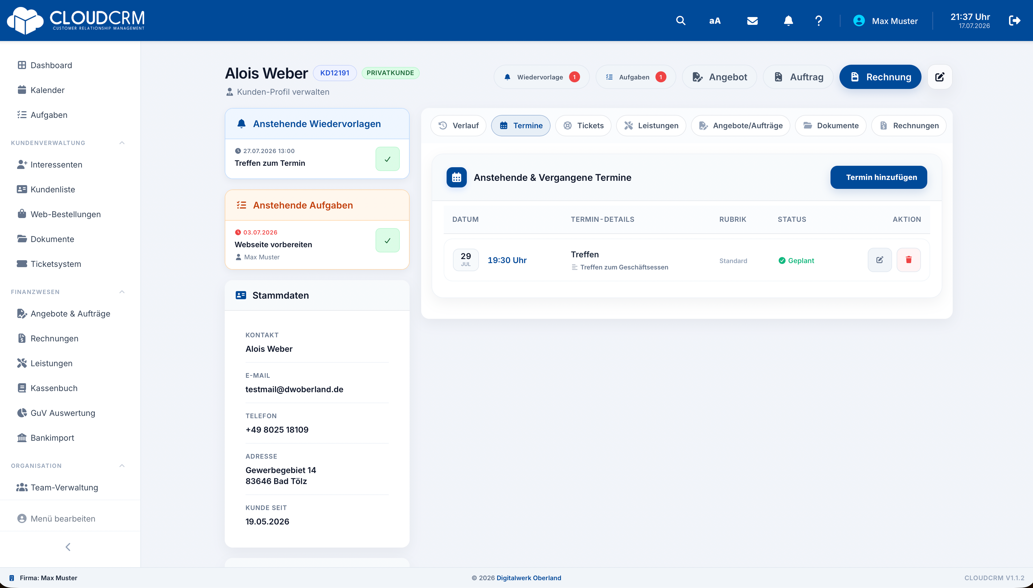 CloudCRM – Wiedervorlage in der Kundenakte