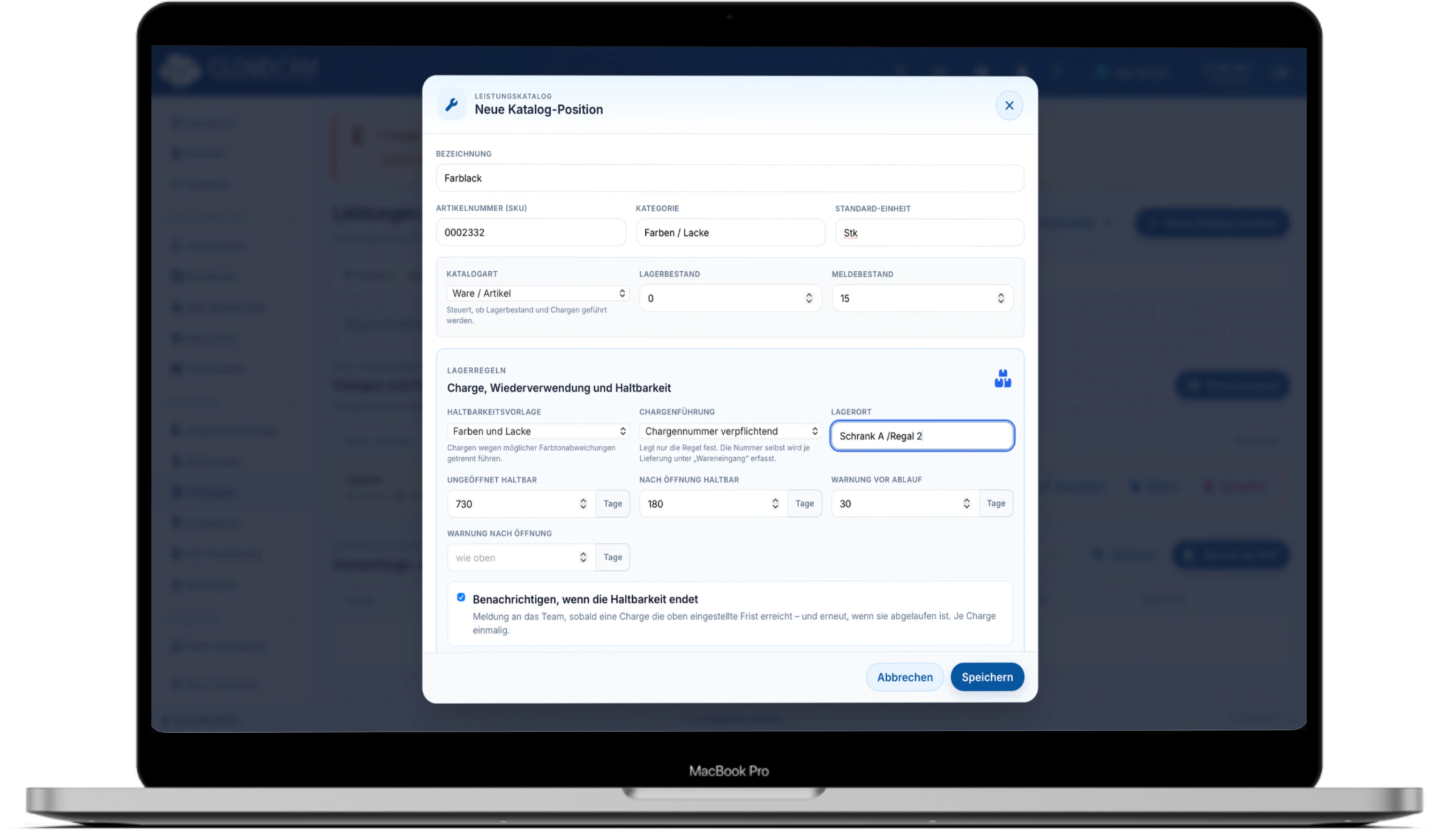 Warenansicht in CloudCRM mit Charge, Lagerort und Hinweis zur Haltbarkeit
