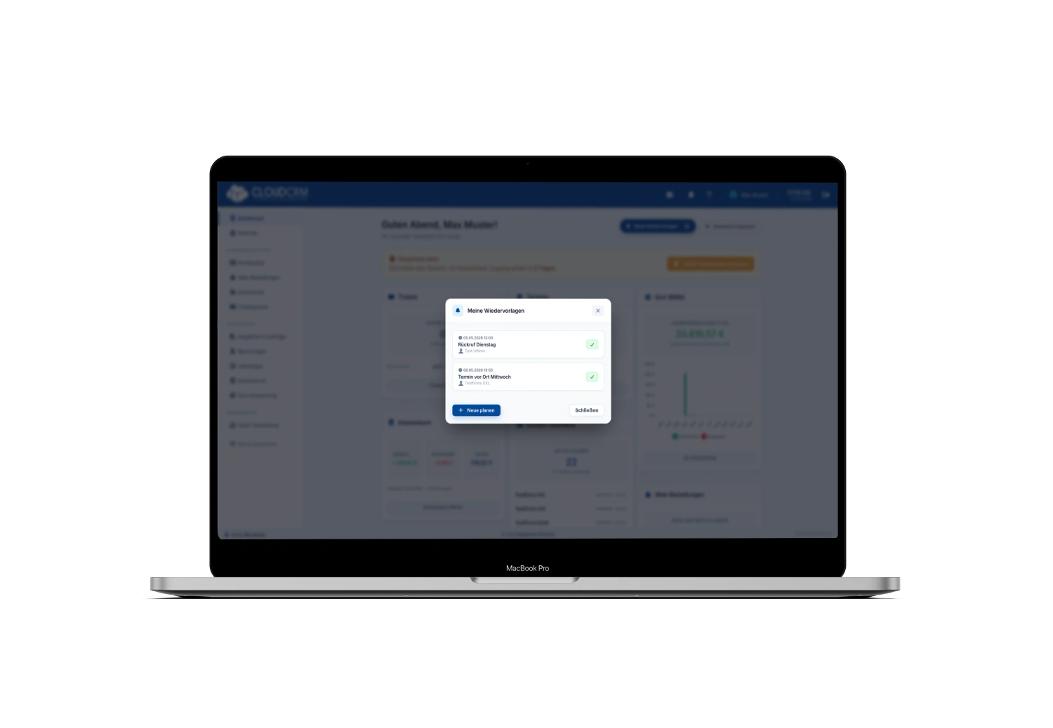 Aufgabenverwaltung und Wiedervorlagen im Dashboard von CloudCRM